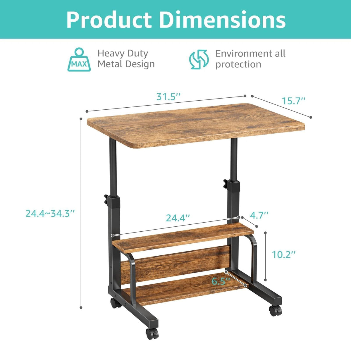 WINAZ C Shaped Rolling Laptop Desk - 32" Rustic Brown Mobile Portable Small Desk with Wheels for Small Spaces, Height Adjustable Overbed Table with 2-Tier Storage Shelves