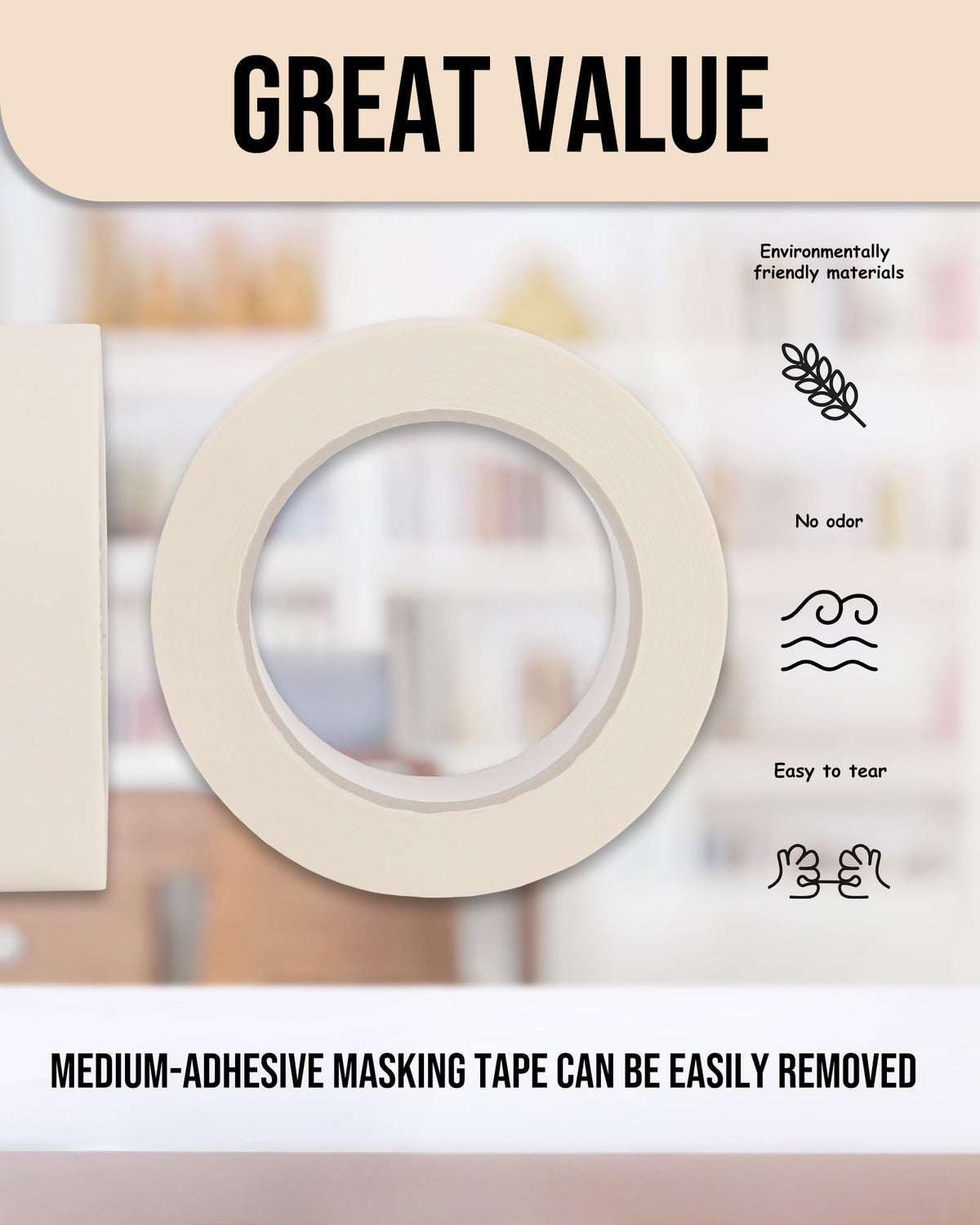 Lichamp Masking Tape 1 inch, 24 Pack General Purpose Beige White Masking Tape, 1 inch x 55 Yards x 24 Rolls (1320 Total Yards)