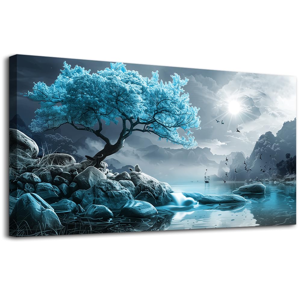 KELIYUAN Canvas Wall Art For Living Room Bedroom Wall Decor Black And White Landscape Pictures Blue Tree Wall Painting Modern Home Decoration For Room Office Works Framed Canvas Art Prints 20x40in