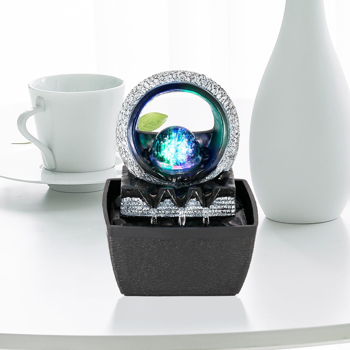 Tabletop Water Fountains, 3 Gears Desktop Fountain Indoor with Led Rolling Ball, Table Top Small Water Feature Interior Zen Relaxation Decor for Home Bedroom Living Room Office Apartment