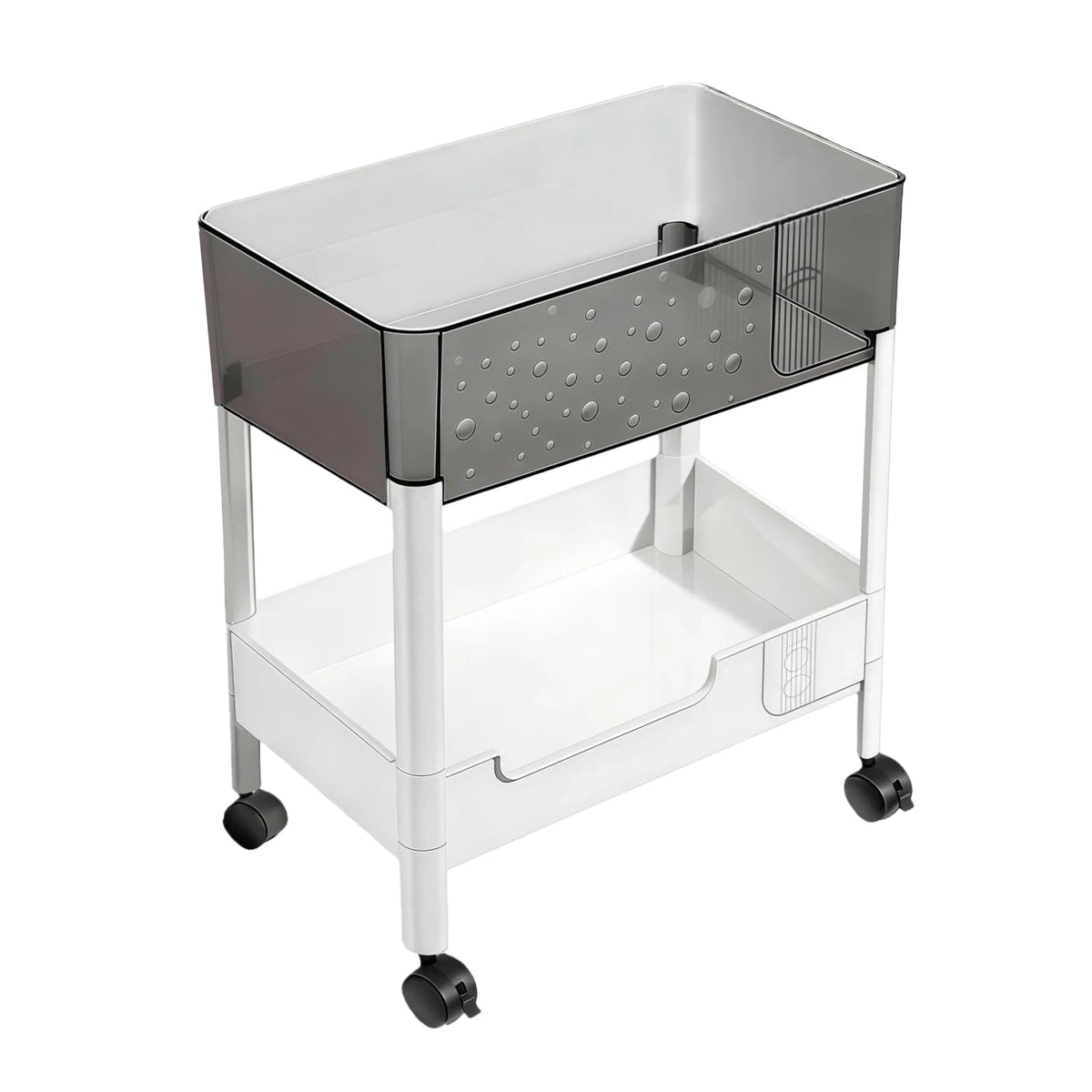 2 Tier Rolling Cart with Wheels for Under Desk Storage, Heavy Duty Plastic Short Small Utility Cart for Small Space Bathroom Vanity Makeup Organizer Pantry, 4.7'' Deep Baskets for Tall Bottles