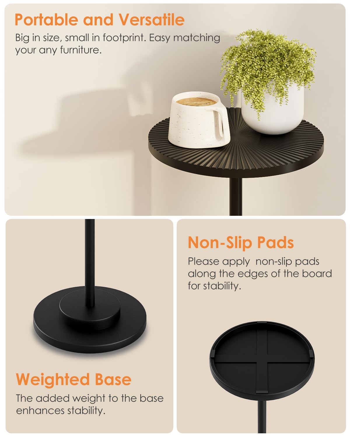 Round Side Table, Small Drink Table for Small Spaces, Modern Accent End Table with Metal Leg for Living Room, Bedroom, Corners, and Office (Black)