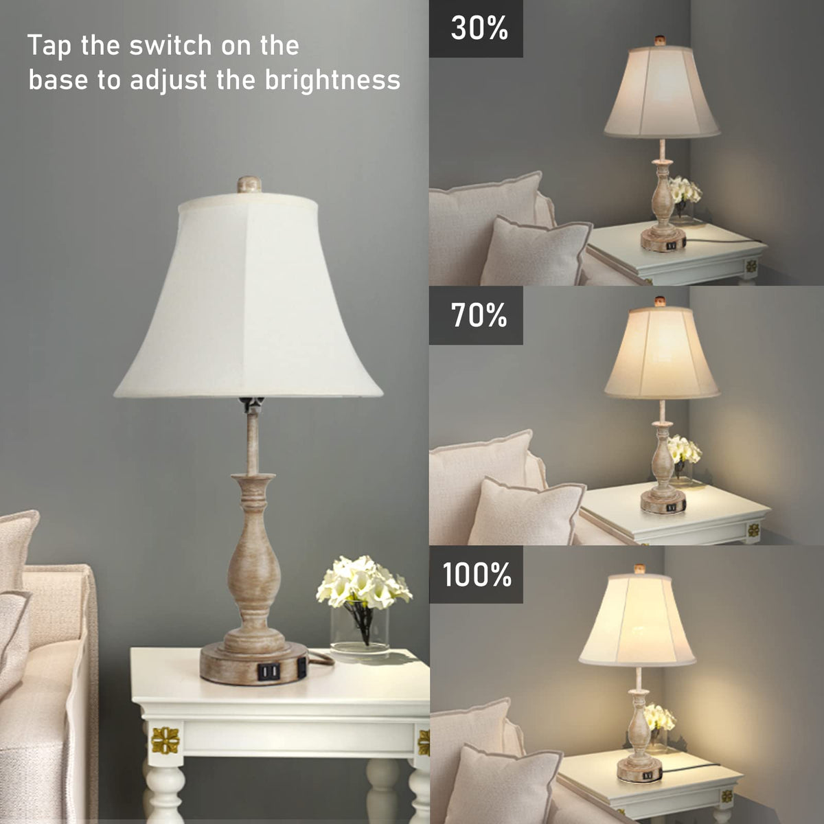 LALISU Farmhouse Table Lamp Touch Control 3-Way Dimmable Table Lamp, Modern Nightstand Lamp with 2 USB Port Bedside Desk Lamp with Fabric Shade for Living Room Bedroom Hotel (Pack 1-Beige Shade)