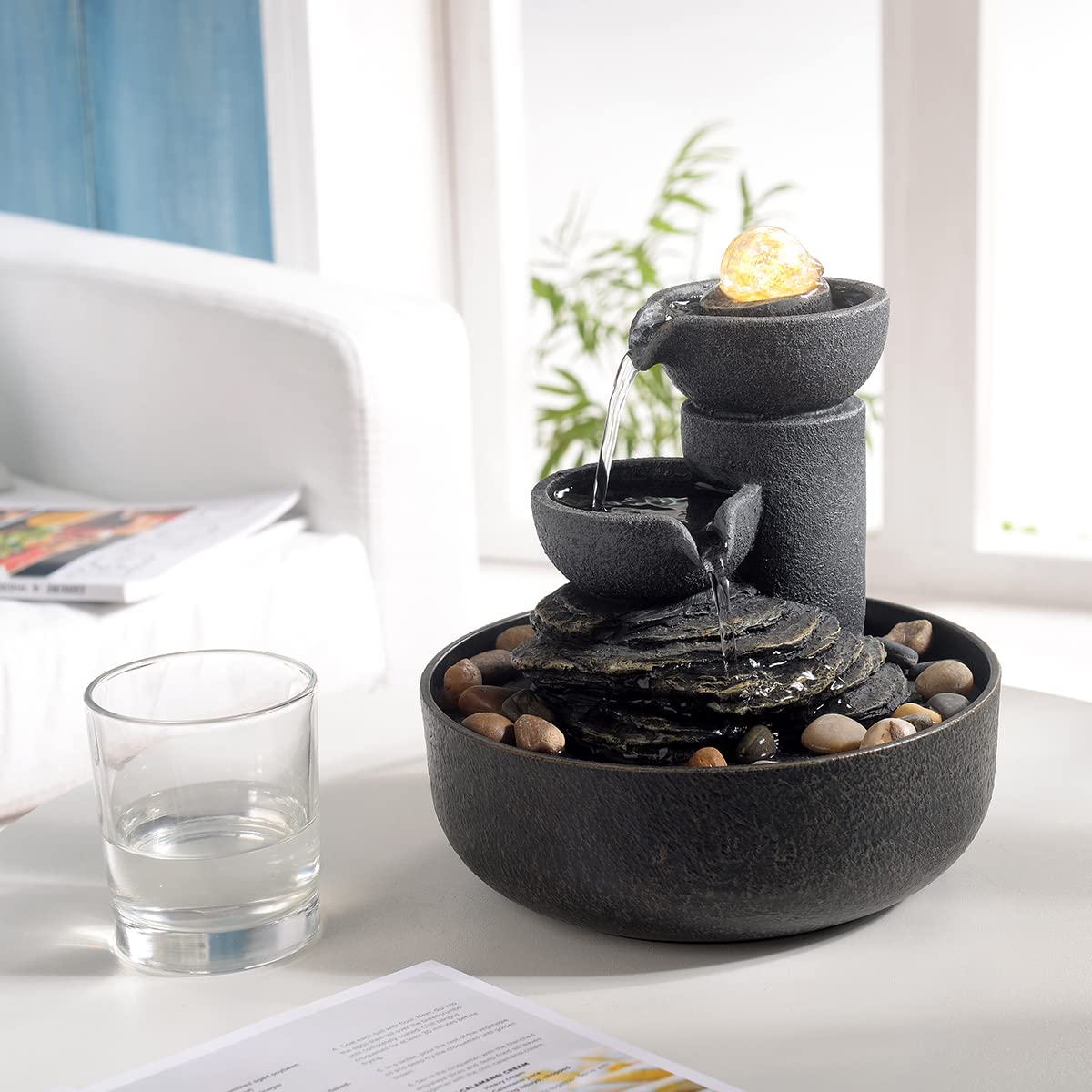 GOSSI Tabletop Water Fountain 2-Tier Indoor Waterfall Fountain with LED Light, Cobblestone & Glass Rolling Ball, Soothing Meditation Sounds for Office & Home Decor