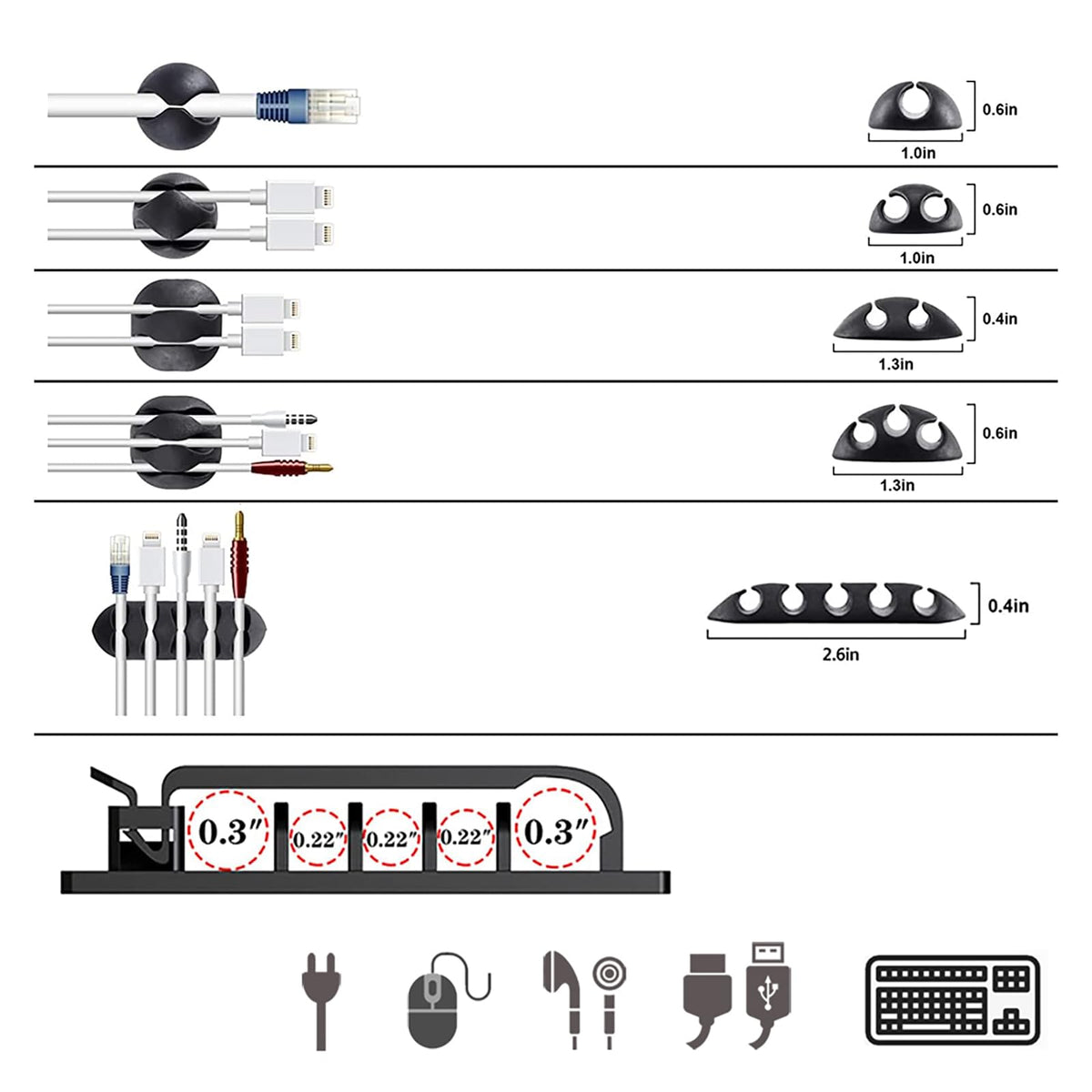 ELII 300PCS Cable Management Kit,4 Cable Sleeve 35 Cable Clips with 11Cord Holders,20 Roll Cable Organizer Straps and 200 Fastening Cable Ties,20 Cable Zip Tie Mounts for Computer TV Under Desk