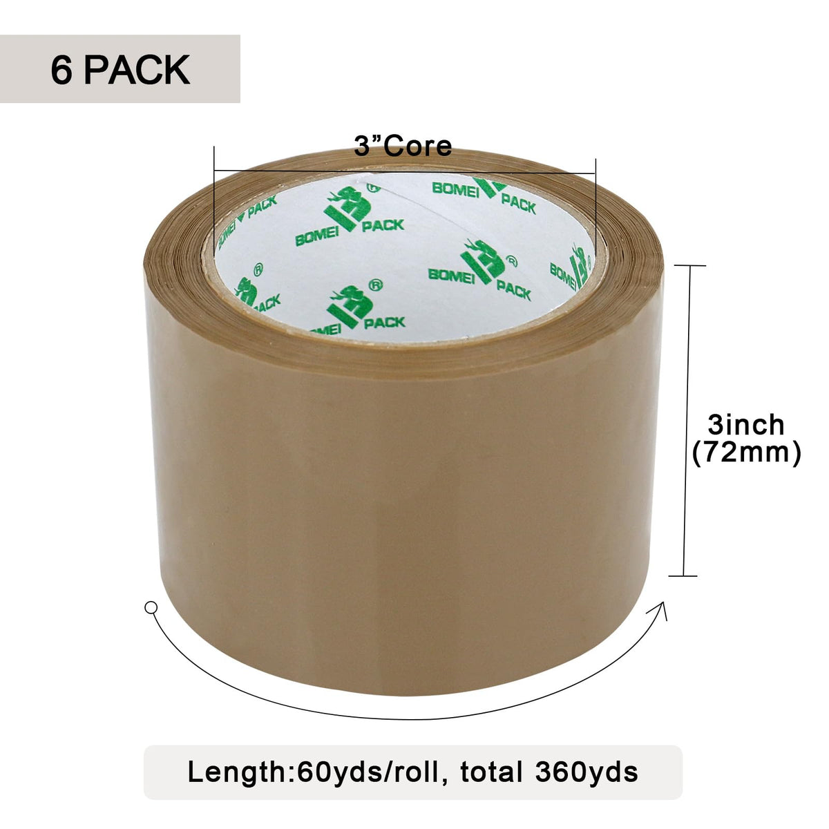 BOMEI PACK 3 inch Brown Packing Tape, 6 Refills Rolls Wide Packaging Tape for Moving, Shipping and Storage, 2.4 Mil x 60 Yards