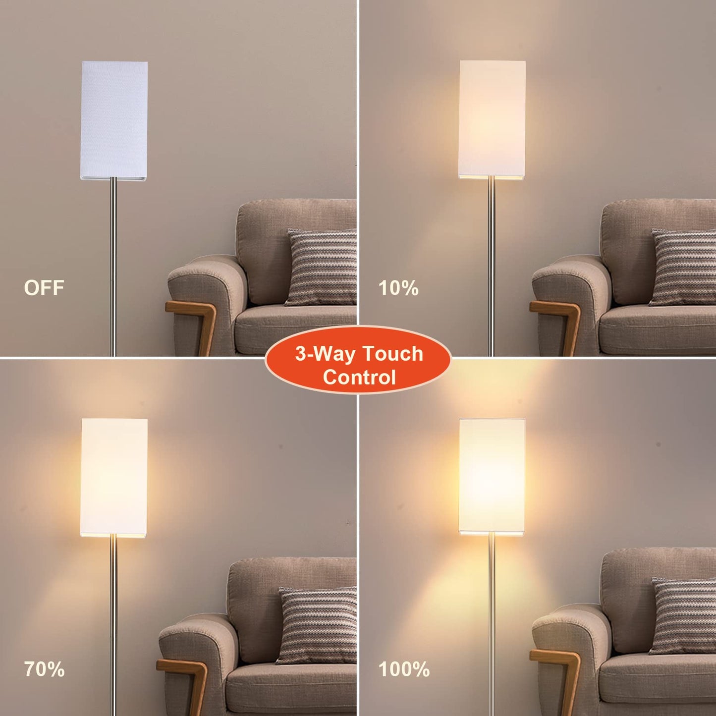 FIGDIFOR Floor Lamp, 3-Way Touch Control Dimmable Standing Lamp with Sturdy Marble Base, Brushed Nickel Touch Floor Lamp Tall Lamp with Square Linen Shade for Living Room, Bedroom, LED Bulb Included