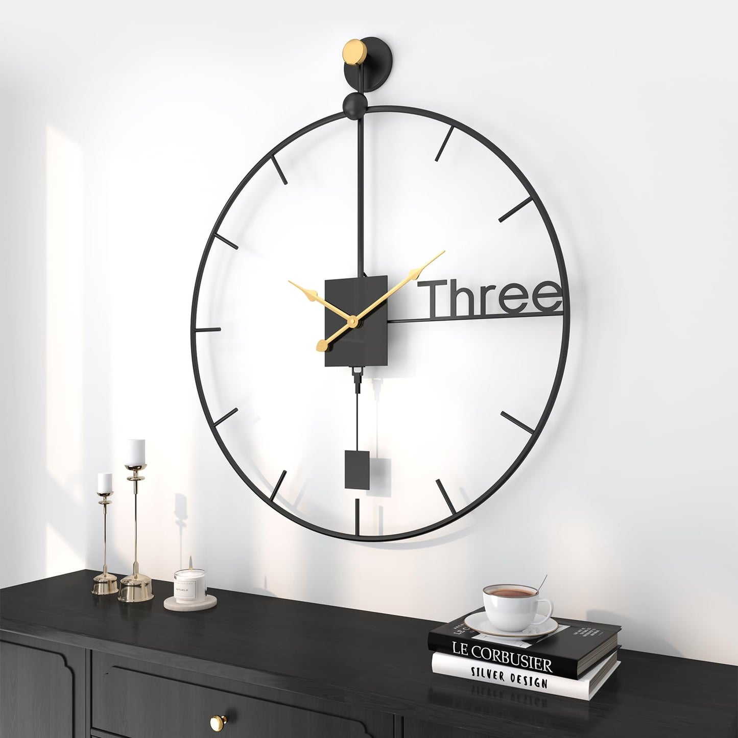 Cuspin 30 inch Large Wall Clocks Battery Operated Wall Clock with Pendulum, Silent Non-Ticking Metal Clock for Living Room Decor, Modern Decorative Hanging Clock for Bedroom, Office, Kitchen, Home