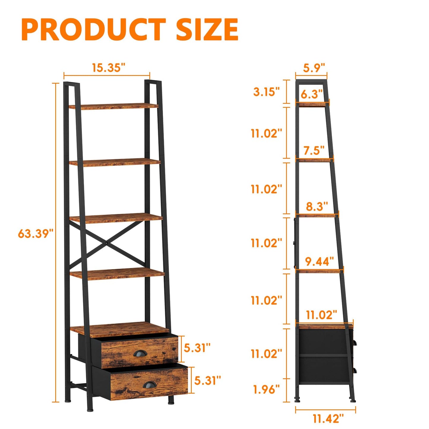 Furologee 5-Tier Ladder Shelf with 2 Drawers,Narrow Bookshelf Storage Shelves,Industrial Bookcase Freestanding Rack Units for Bedroom,Living Room,Bathroom,Home Office,Balcony,Wood Metal,Rustic Brown