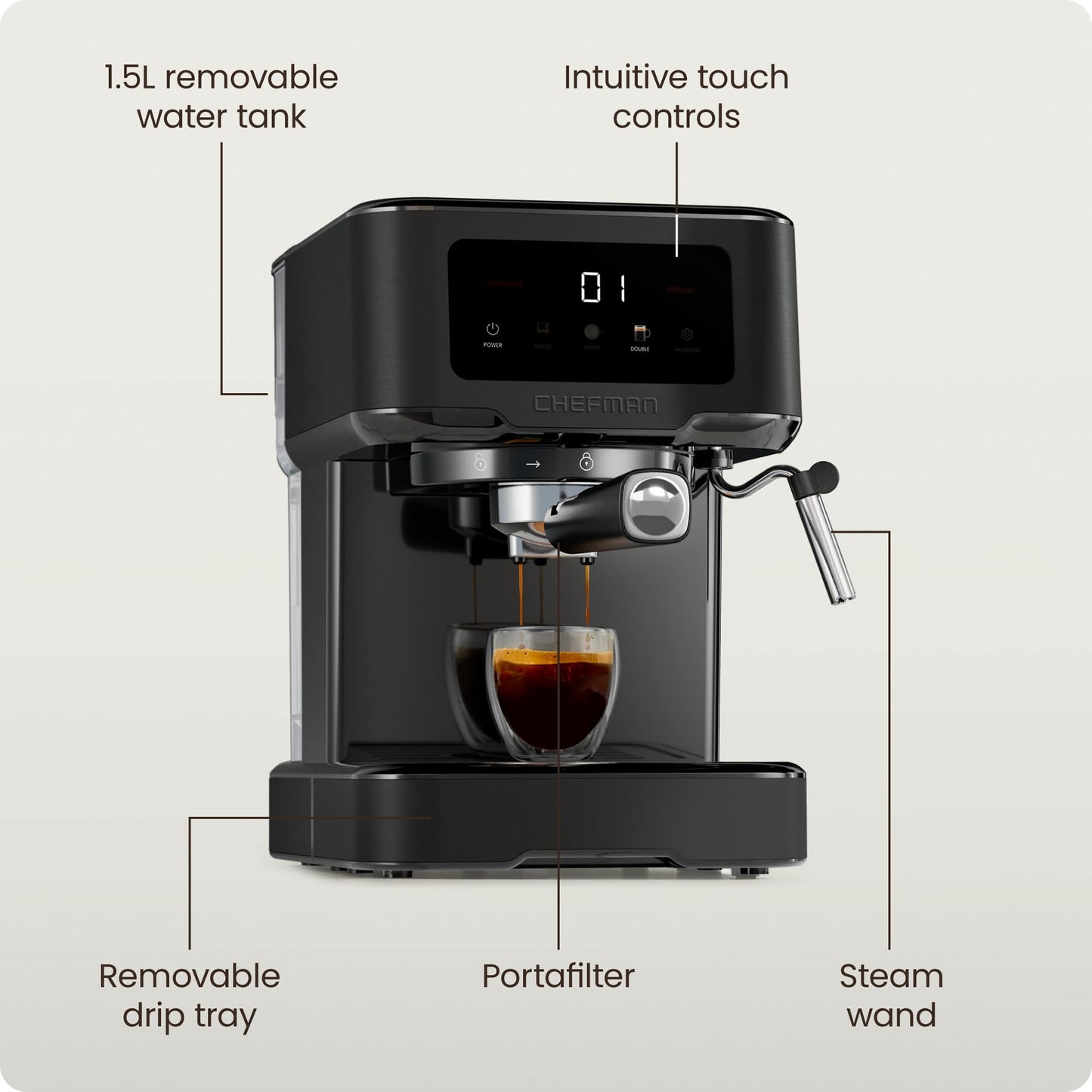 Chefman CraftBrew Espresso Machine, 15-Bar Pump Digital Espresso Maker w/Steam Wand for Latte & Cappuccino, Compact Espresso Coffee Machine w/ 1.5L Removable Water Reservoir - Stainless Black