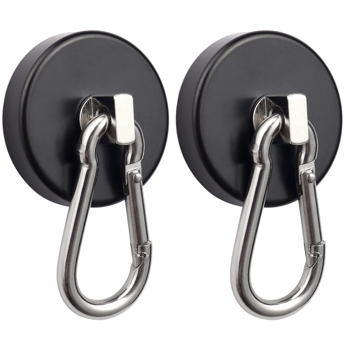 WELLZEER Magnetic Hooks 170lbs Heavy Duty Black Magnet Hooks with Swiveling Carabiner for Hanging Refrigerator Strong Large Neodymium Magnet (170LBS-2PACK-BLACK)