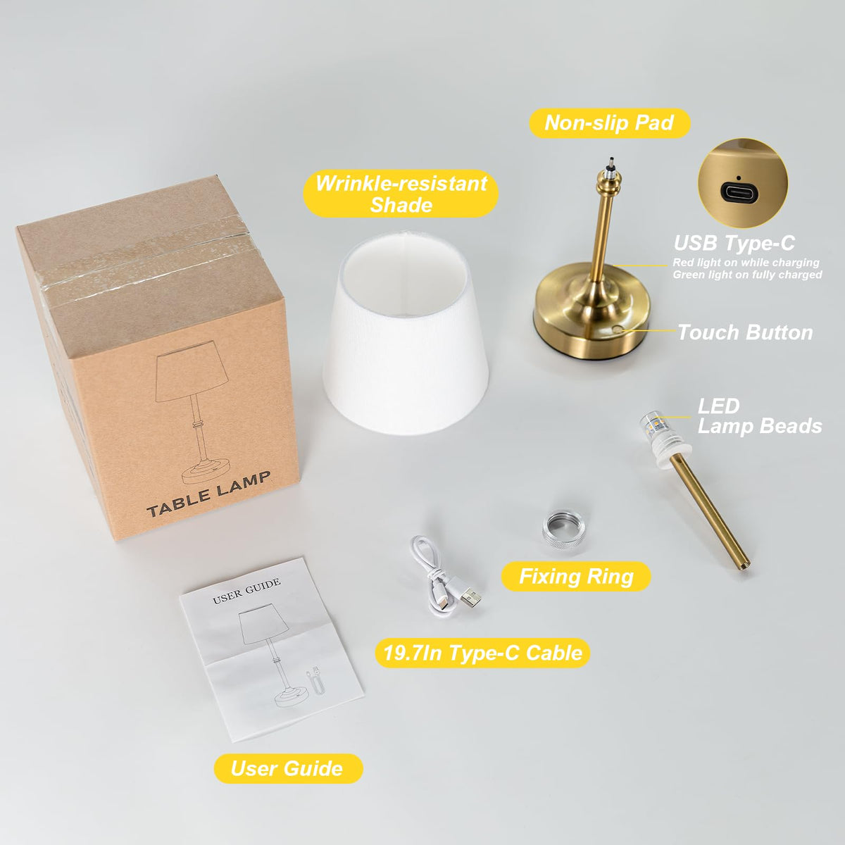 Kakanuo Rechargeable Cordless Table Lamp Gold - 1 Pack Brass 4000mAh Battery Operated Lamp, 3000K Warm Light, Touch Control Stepless Dimming, for Bedside, Dining Table, Home Decor
