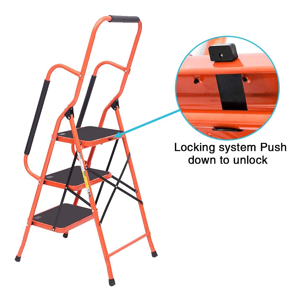 LUISLADDERS 3 Step Ladder Safety Tool Ladder Folding Anti-Slip Step Stool Ladder Padded Side Handrails with Large Area Pedals for Kitchen Home and Office 330lbs (3 Step)
