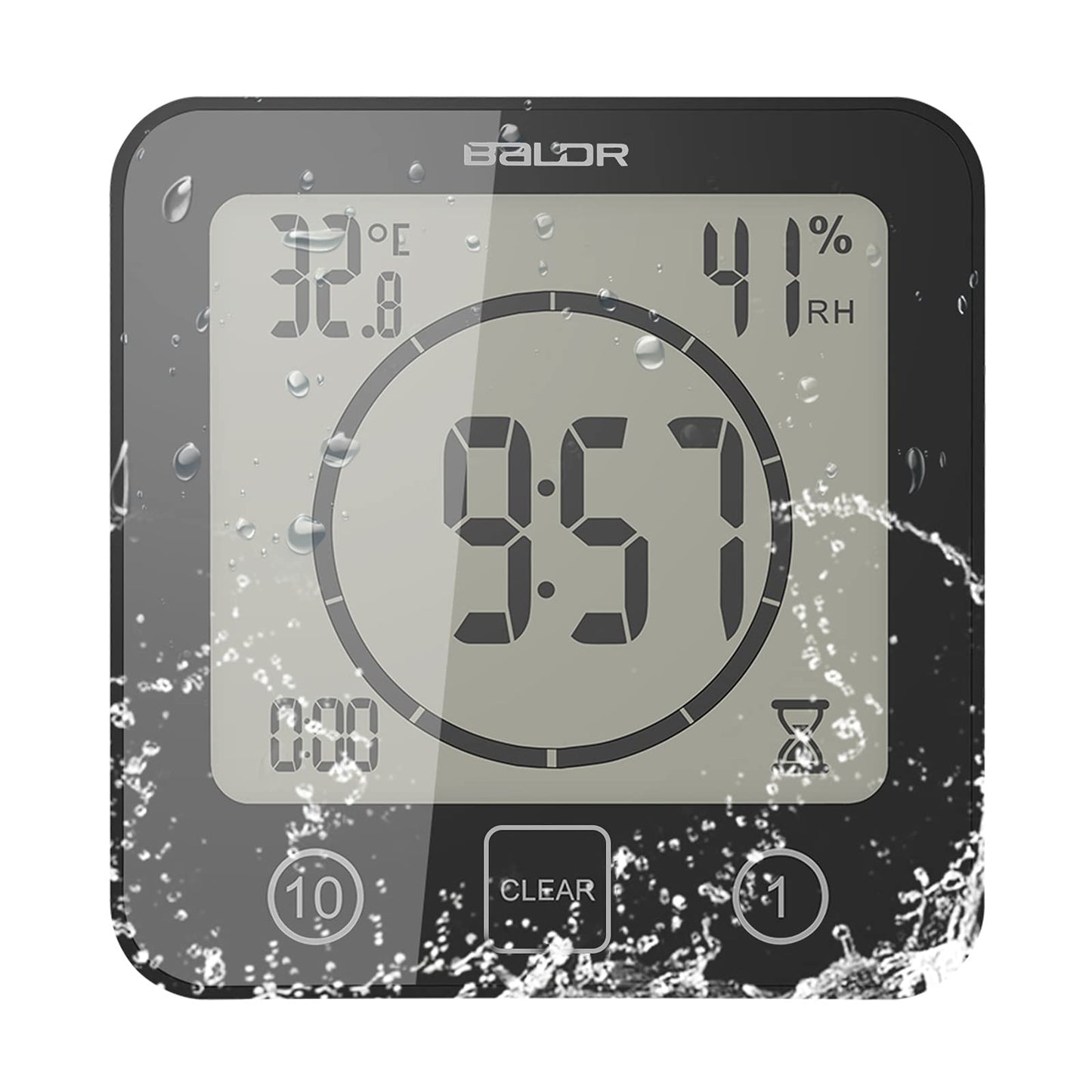 Digital Bathroom Shower LCD Wall Clock with Suction, Waterproof Temperature Humidity Gauge, Touch Screen Timer, Large Countdown Timer (Black)