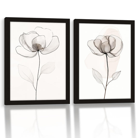 2pc Framed Floral Wall Art Modern Minimalist Botanical Line Print Poster Painting Neutral-Colored Floral Gallery Style Canvas Print Living Room/Bedroom Wall Decoration 16x24 Inches