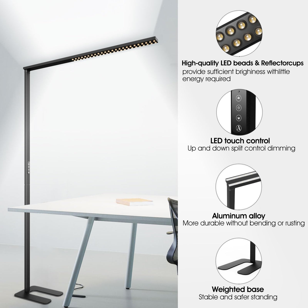 ZUIKAIG 77"LED Floor Lamp,80W Black Modern Free-Standing Lamp,8000LM Dimmable High brightness office Lamp for Reading Study Room，Living Room，Bedroom Room,Piano Room,Meeting Room 4000K Natural Daylight