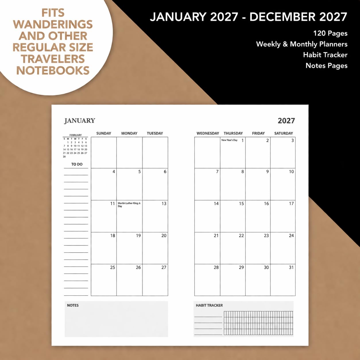 Wanderings Traveler's Notebook Calendar Refill Inserts - 4.25 x 8.25" (11cm x 21cm) - January 2027 - December 2027- Calendar Planner Refills For Leather Travel Journals, Diaries and Planners