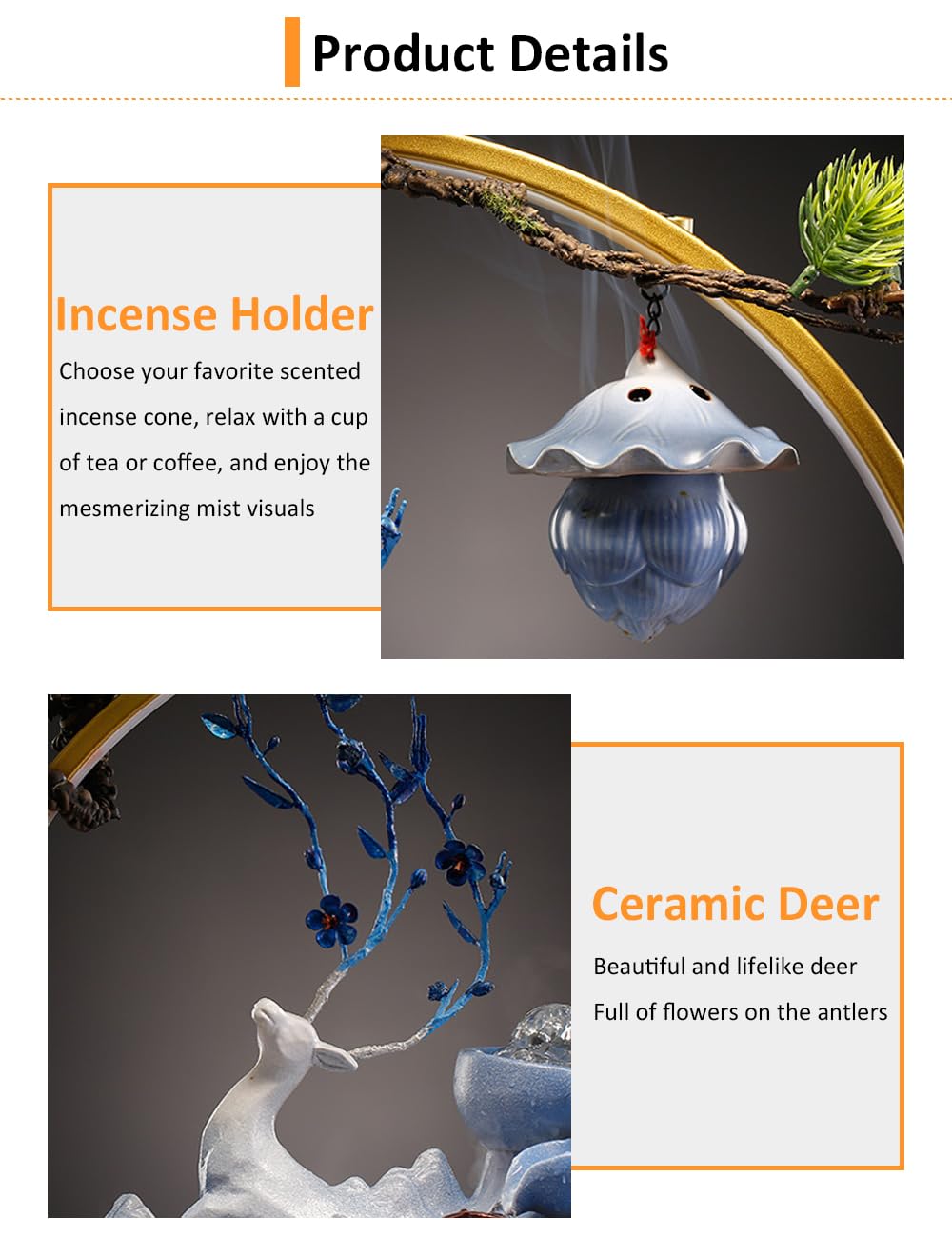 CIFUPUQU Tabletop Water Fountain, 17.3”Tall Deer Statue Waterfall Fountain with Incense Holder, LED Light & Adjustable Pump, Zen Relaxation Desk Fountains for Office,Living Room or Bedroom