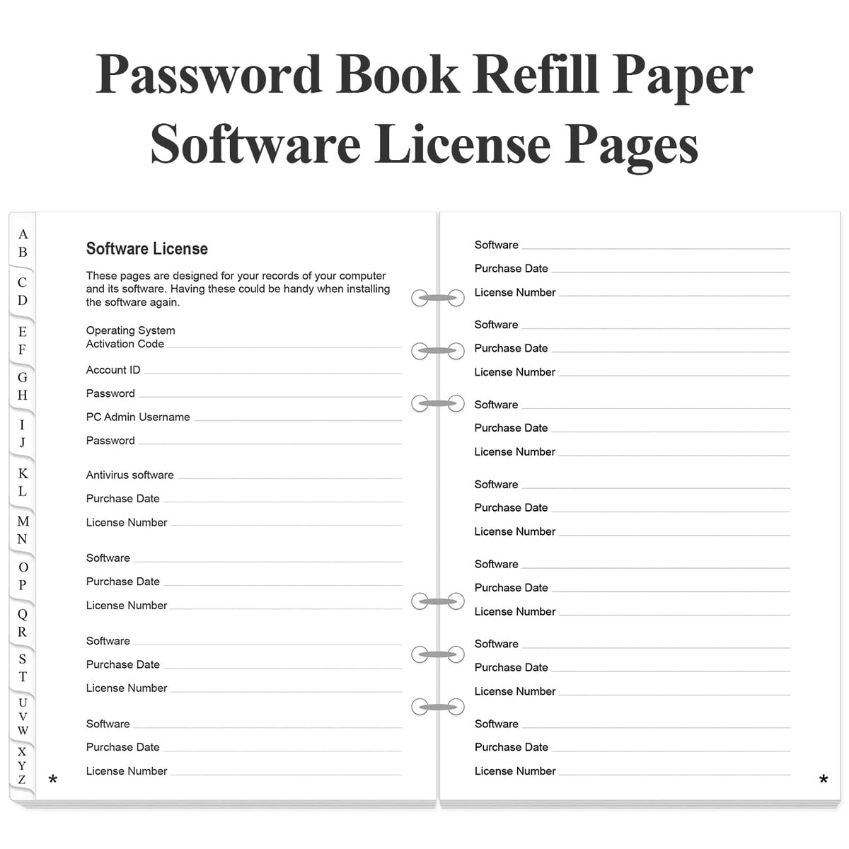 Password Book Refills for A5 Binder - A-Z Password Notebook Refill Paper with Alphabetical Tabs, 120gsm White Paper, 6-Hole Punehed, 5.8" x 8.3"
