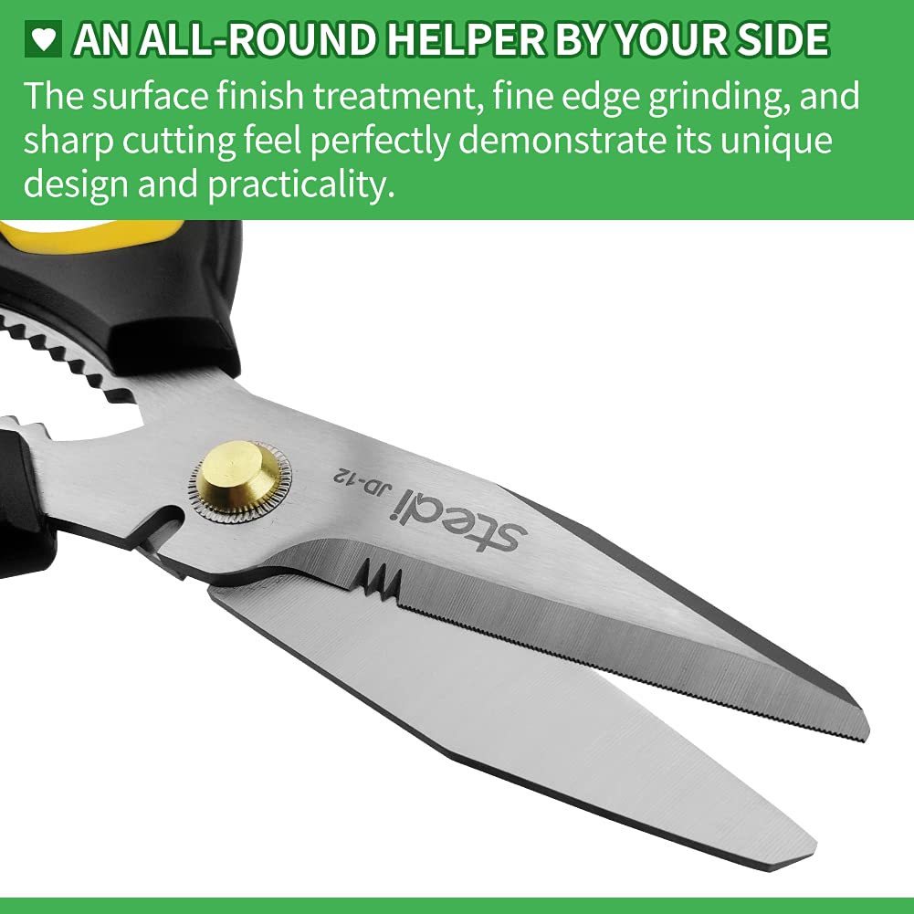 Stedi Scissors Heavy Duty 8-Inch,Multipurpose Scissors,Sharp Stainless Steel Shears with Serrated Edge & Protective Cover,Non-Slip Handle,Easy Cutting Cardboard, Carpet,Leather, Fabric, Wires, Yellow