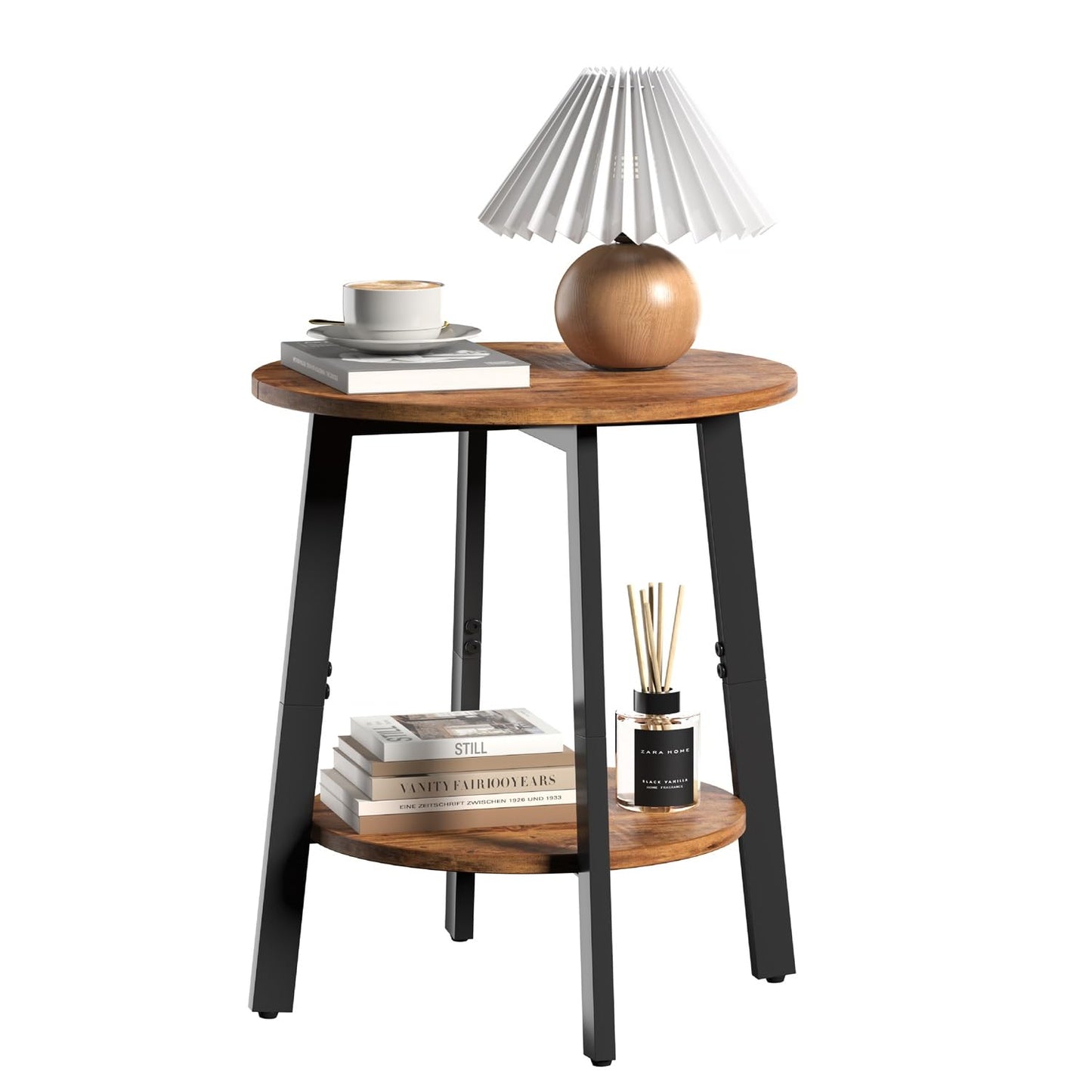 sthmec Side Table, Small Round End Table with Storage Shelf for Small Space, 2-Tier Bedside Table Sofa Couch Table, Round Accent Table Nighstands for Living Room, Bedroom, Rustic Brown