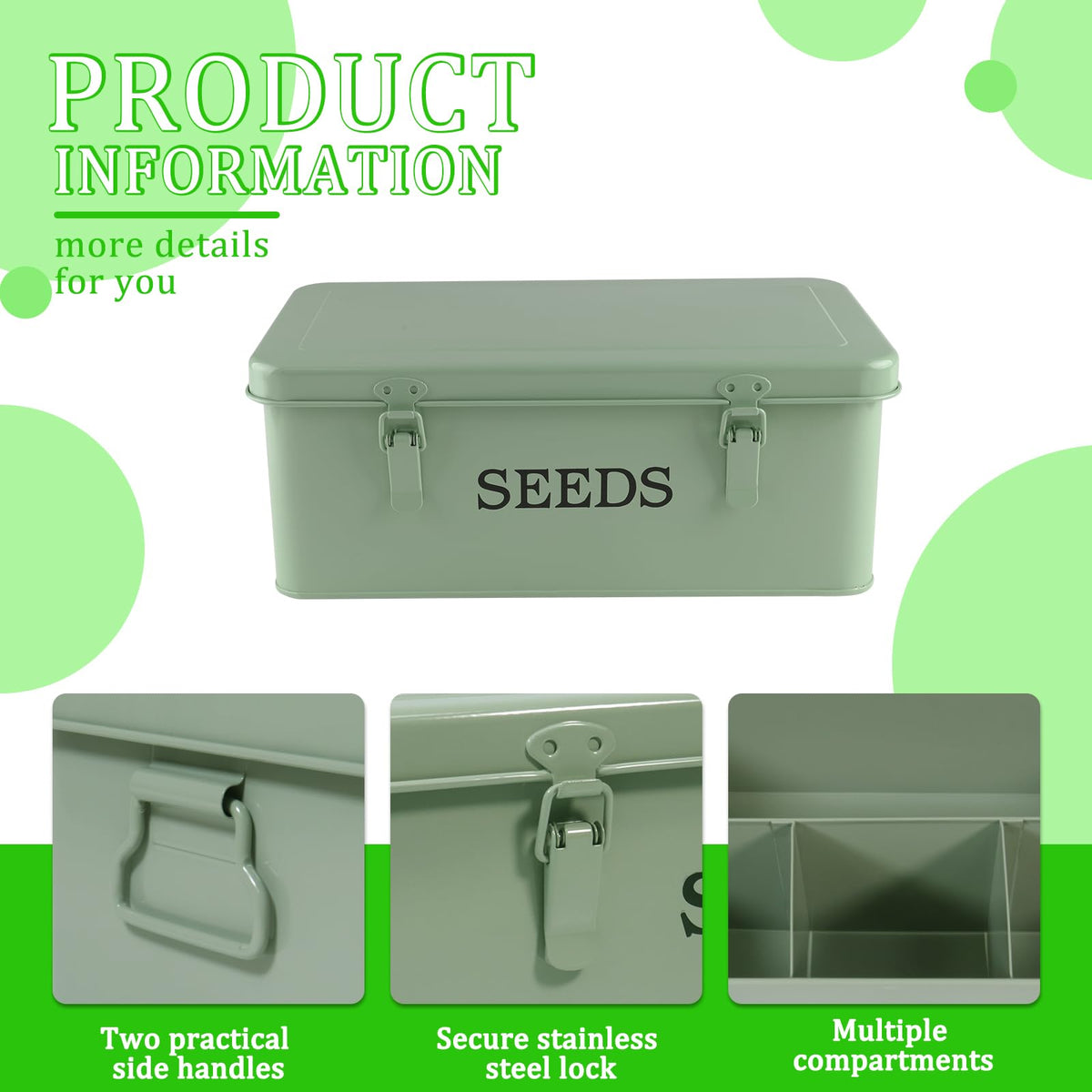 Seed Storage Organizer, 4 Compartment Metal Seed Saving Box with Lid and Safety Locks,Seeds Packet Container with 1 Pen, 12 Slots, 20 Plant Labels, 30 Seeds Envelopes,Perfect for Flower Plants Garden
