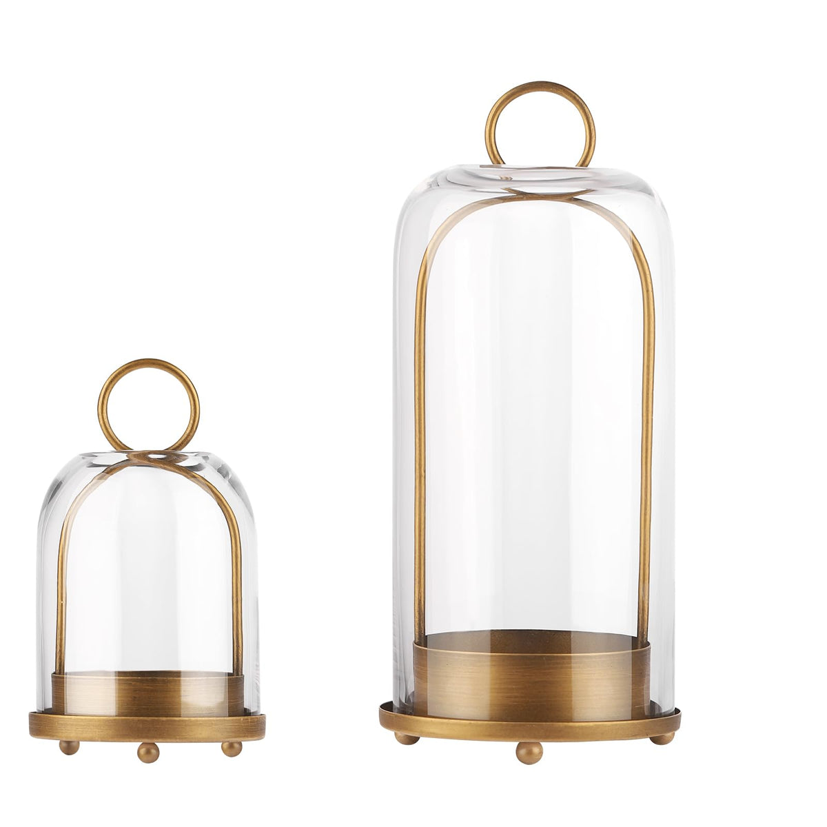 5" & 4" Wide Versatile Metal Candle Holder with Handmade Sturdy Glass Dome in Brass for Pillar Candle & Plants, 5.1" xH11.8 4" xH7.5, Industrial, Farmhouse, Shabby Chic. (2, Brass, Large & Small)
