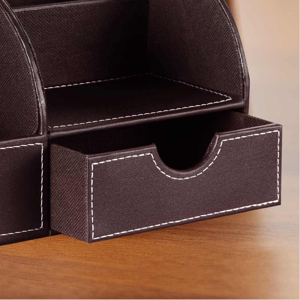 Desk Organizer, PU Leather Desktop Organizers and Accessories, Office Supplies Multi-Functional Caddy Storage with 6 Compartments and 1 Drawer, Workspace Organizer for Office Home School Classroom