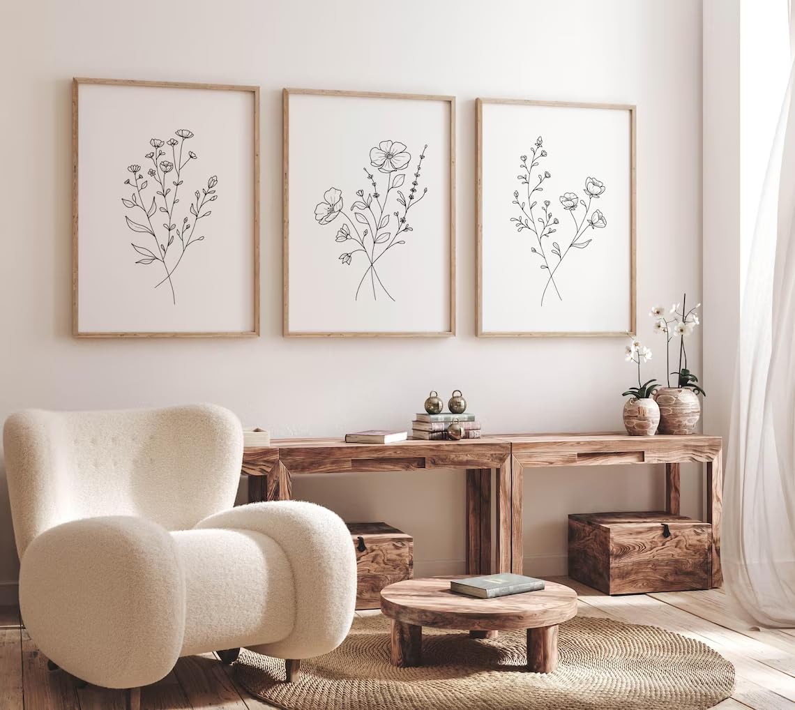 3Pcs Flower Line Canvas Wall Art Neutral Botanical Black and White Flower Painting Picture Wall Decor Minimalist Plant Poster Print Artwork for Living Room Bedroom Office Home Decoration Unframed