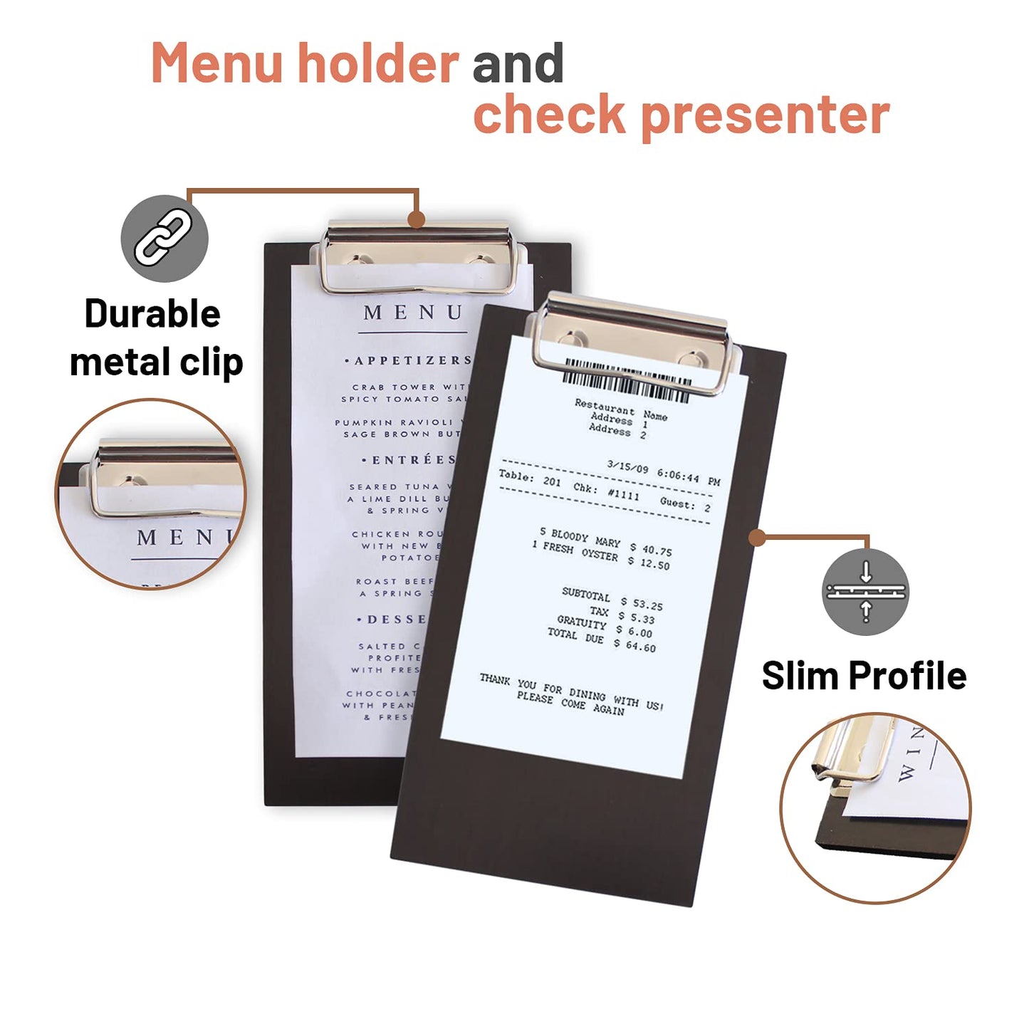 Olbia 10-Pack Wood Check Presenters for Restaurants, Server Book, Menu Holder for Cafes, Wooden Clip Board, Cute Waitress Book Organizer, Server Note Pads, Guest Check Book 8" x 4" (Walnut)