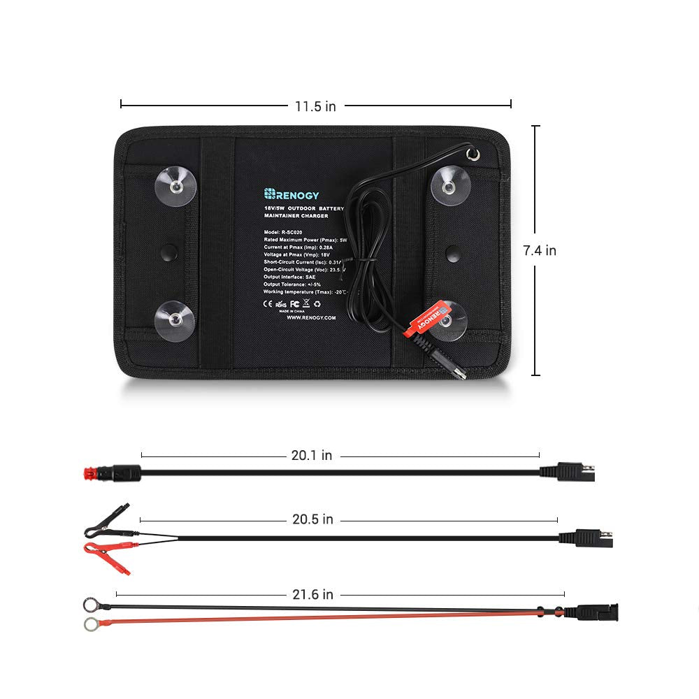 Renogy 5W Solar Trickle Charger Portable Battery Maintainer with Lighter Plug/Alligator Clips/Battery Cables for Car Boat Marine Motorcycles Truck