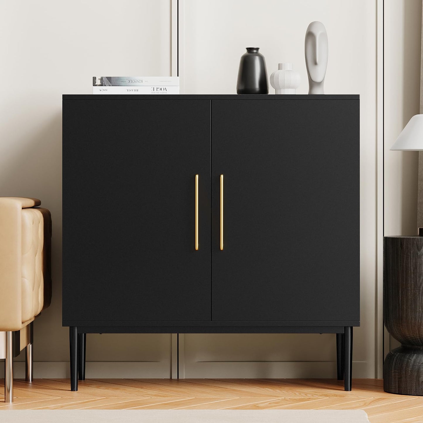 REHOOPEX Storage Cabinet with Doors, Modern Black Accent Cabinet, Free Standing Cabinet, Wooden Buffet Sideboards for Living Room, Kitchen,Home Office