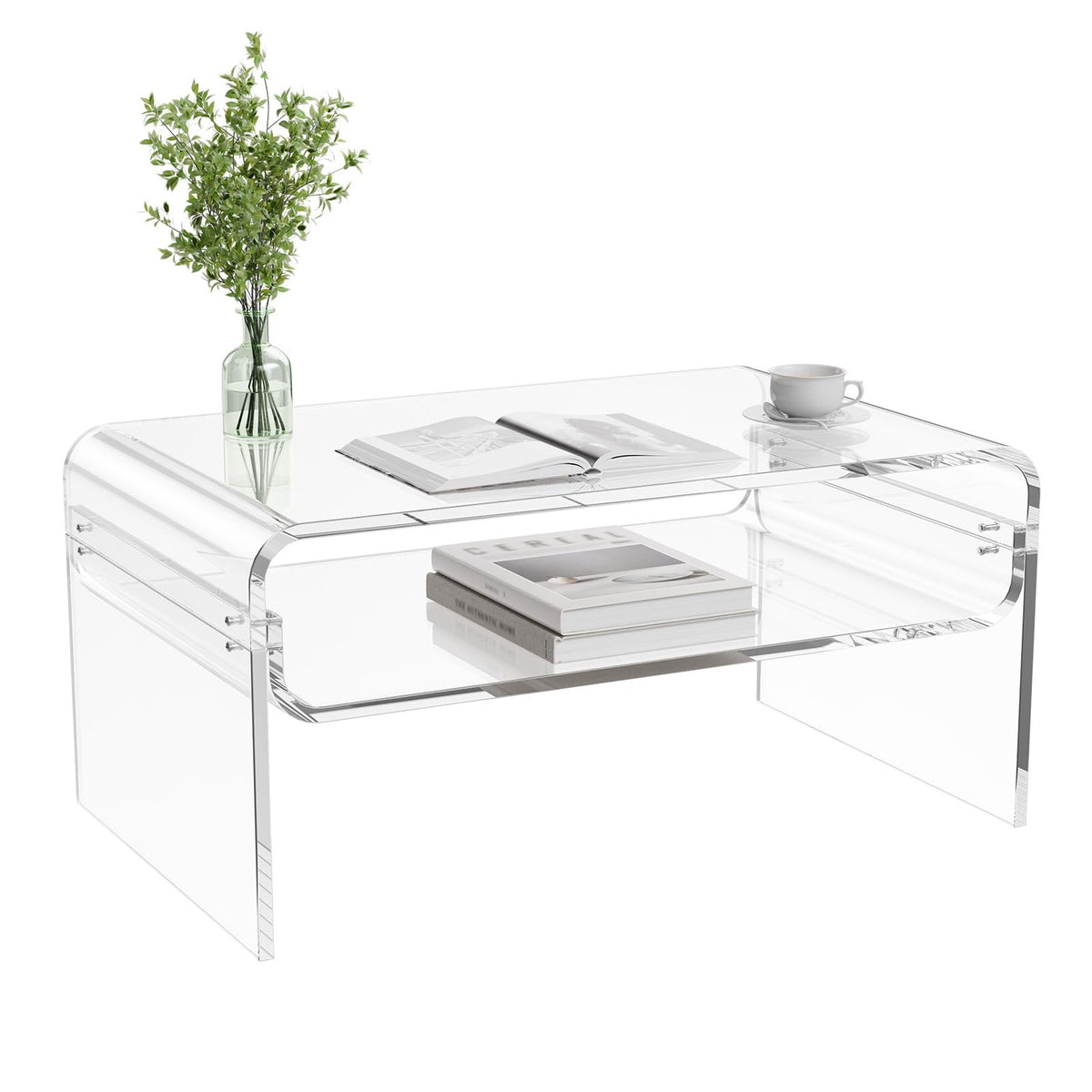 VEVOR Acrylic Coffee Table, Modern Waterfall Center Table with Open Storage Shelf, Clear Rectangle Lucite Desk for Living Room, Office Reception, 31.5" W x 19.7" D x 15" H, Large