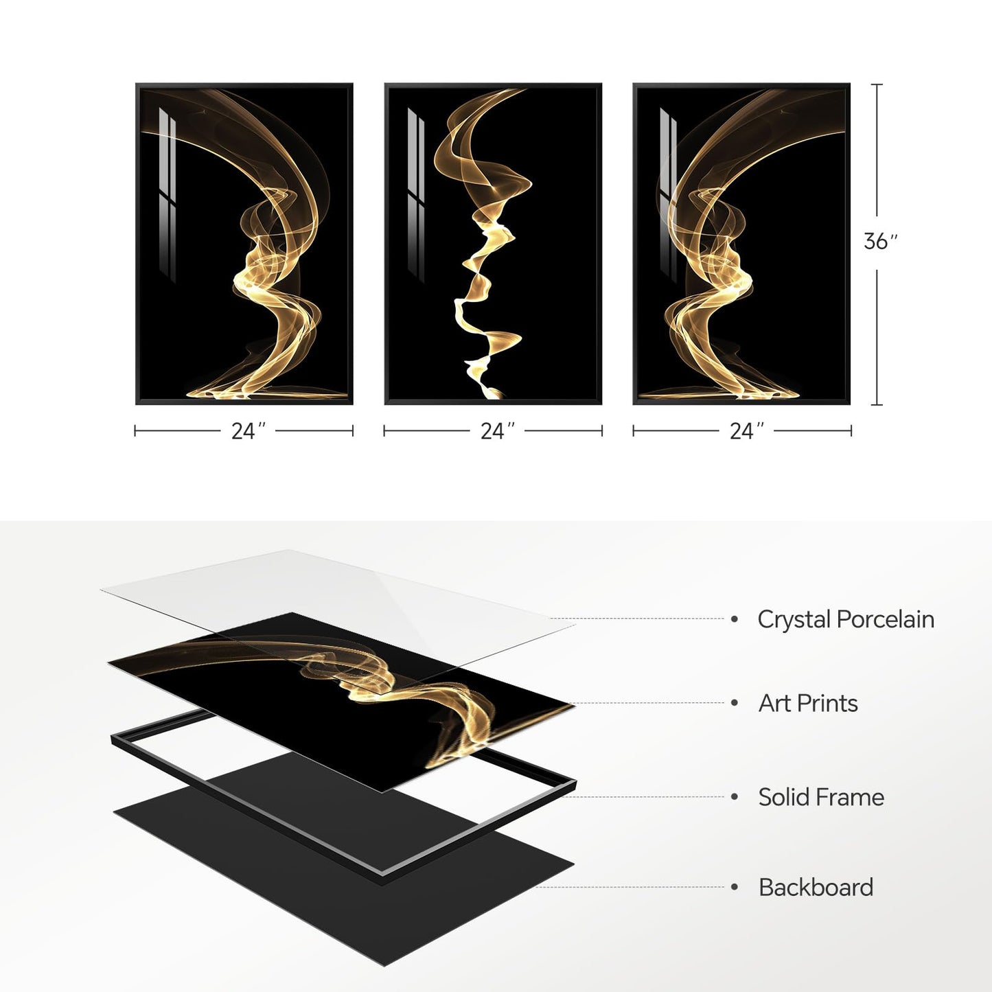 3 Piece Large Framed Abstract Wall Art for Living Room, Black and Gold Modern Artwork for Walls, Contemporary Luxury Bright Style Pictures Prints Paintings for Hallway Office Wall Decor 24x36 Inch