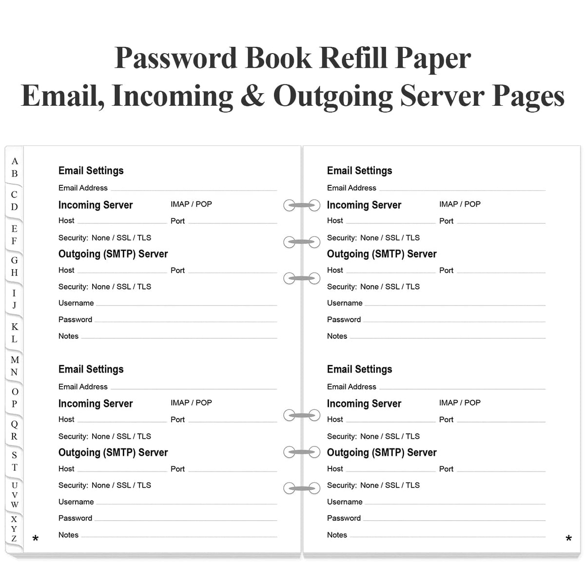 Password Book Refills for A5 Binder - A-Z Password Notebook Refill Paper with Alphabetical Tabs, 120gsm White Paper, 6-Hole Punehed, 5.8" x 8.3"