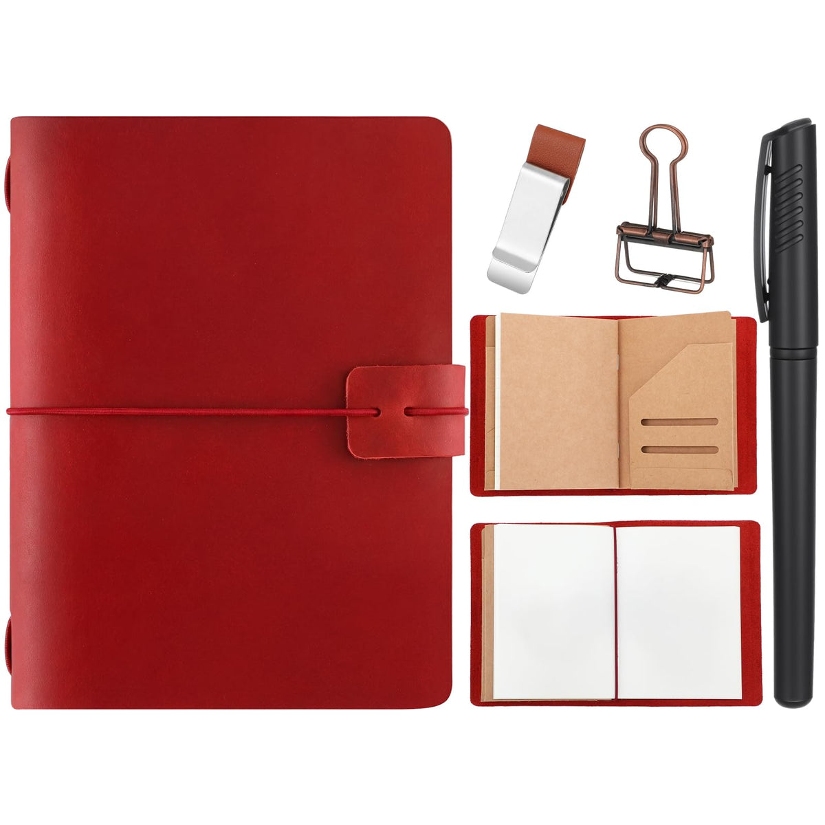 Thenshop Travelers Refillable Leather Journal Notebook Travel Diary Handmade Passport Travelers Journal for Men and Women with 3 Notebook Inserts, Pen Holder, Binder Clip(Wine Red,Passport Size)