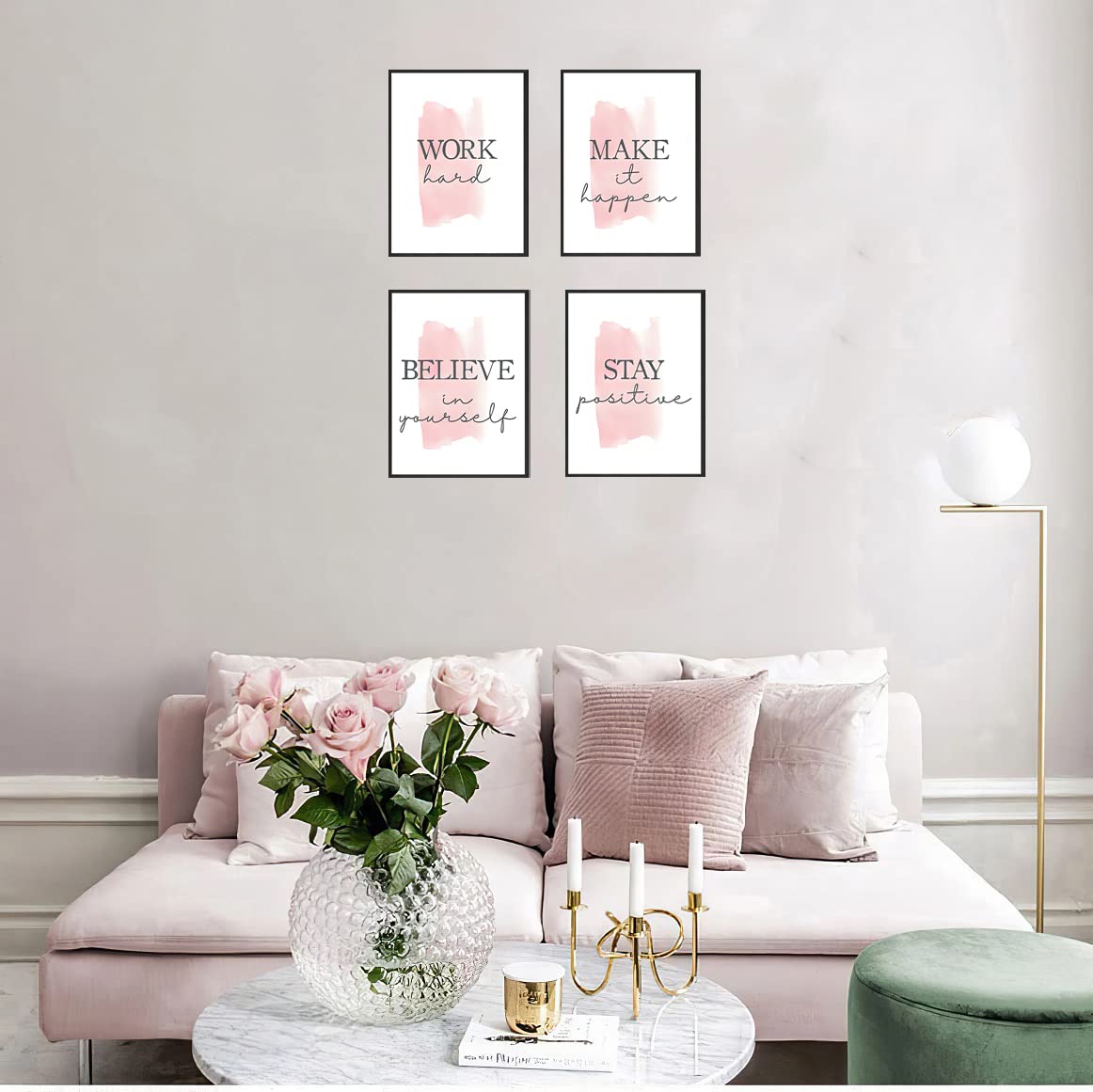 4 pcs Frame Wall Art Stay Positive Make It Happen Motivational Inspirational Quote Pink Canvas Painting Poster Pictures for Teenage Girl Bedroom Decor Office