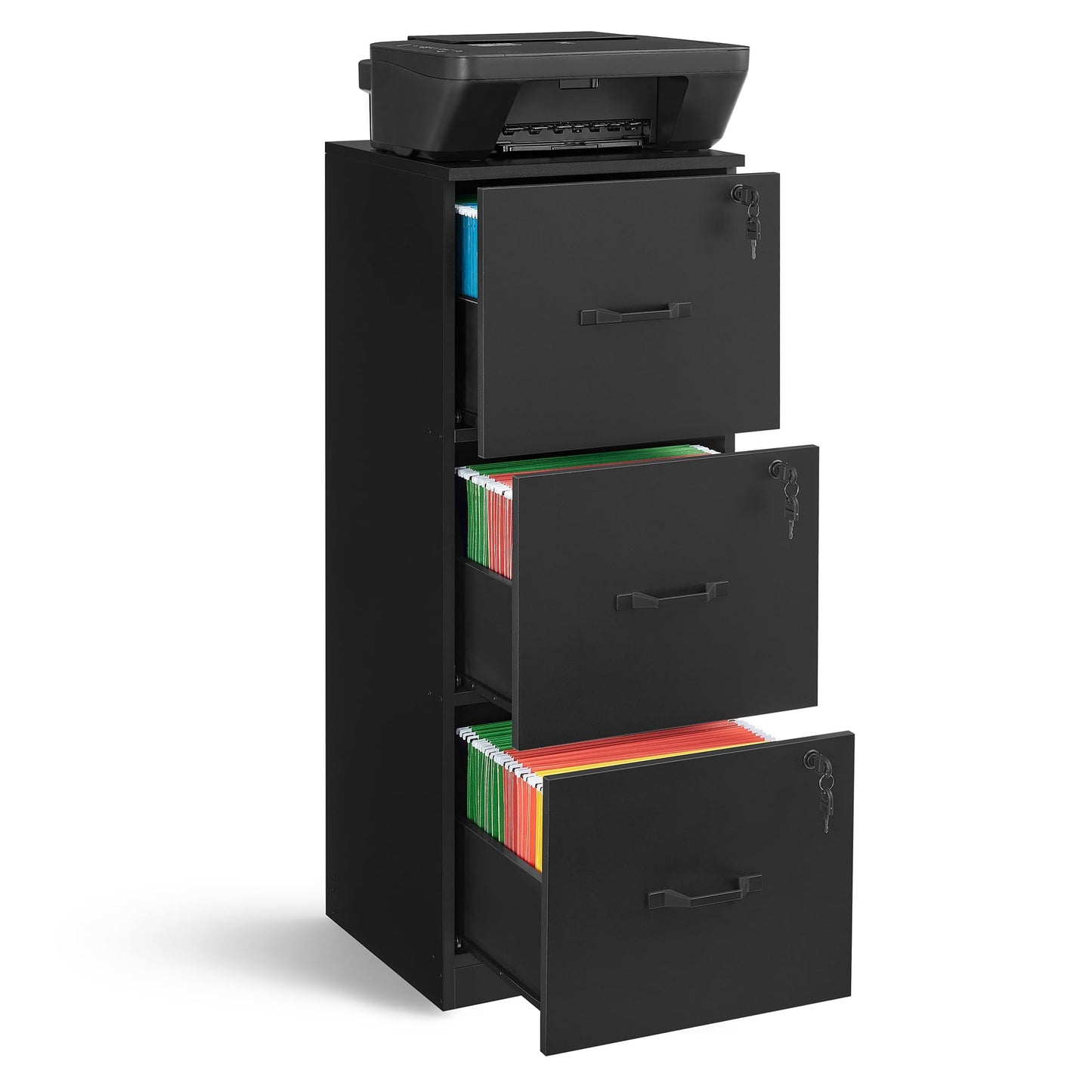 VASAGLE 3-Drawer Vertical File Cabinet, Filing Cabinet for Home Office, Printer Stand, with 3 Lockable Drawers, Adjustable Hanging Rail, for A4 and Letter-Size Files, Ink Black UOFC055B16