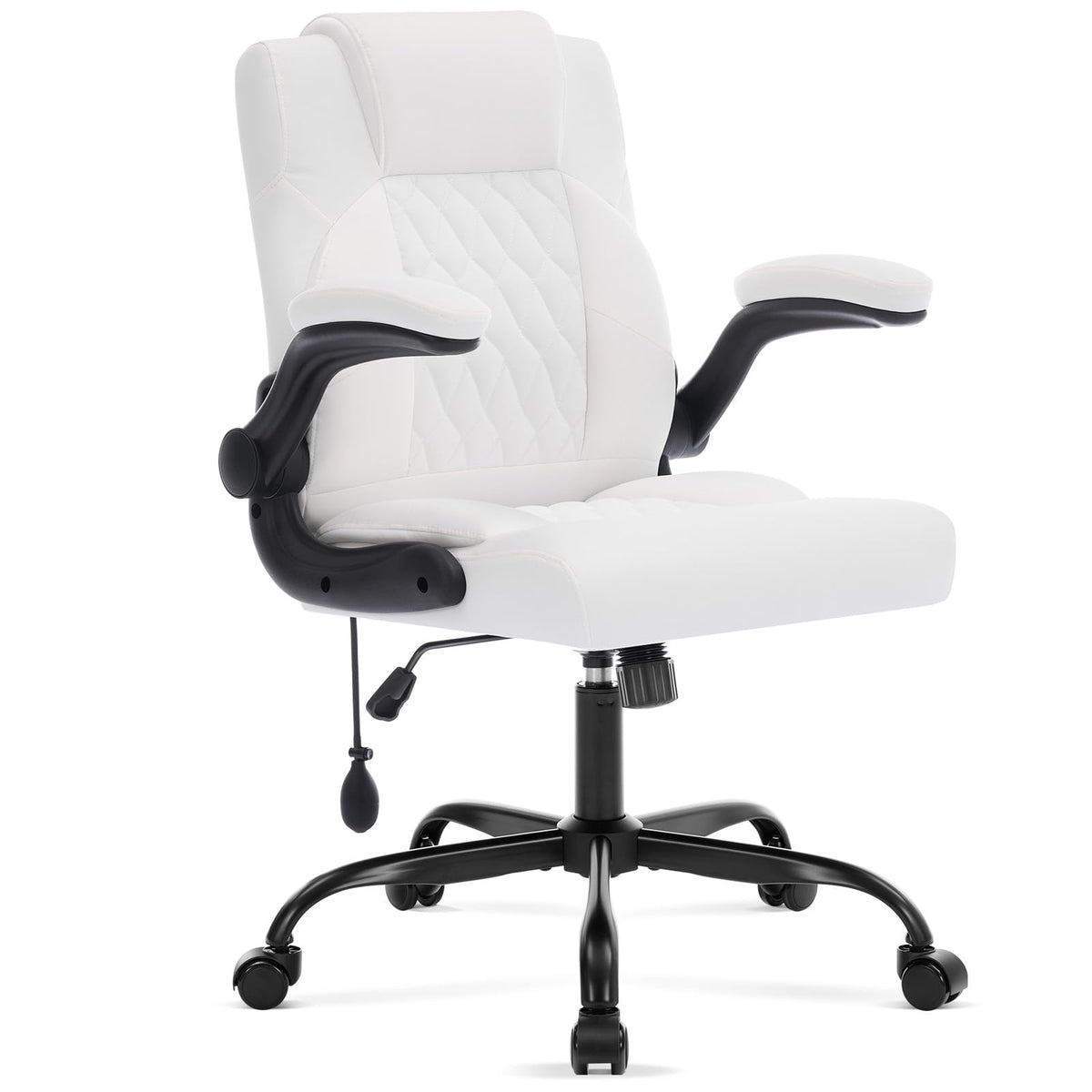 Office Chair with Adjustable Inflatable Lumbar Support,Leather Ergonomic Computer Desk Chair with Flip-up Arms,Adjustable Tilt Lock,Swivel Rolling Executive PC Chair for Work,Study,Meeting.White