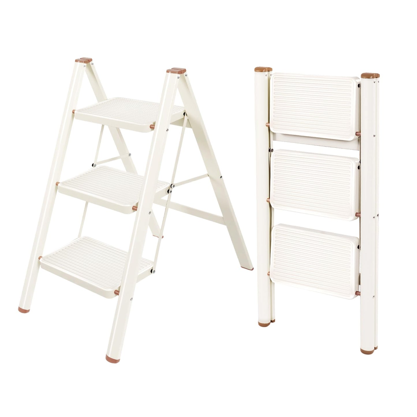 Valeo 3 Step Ladder,Lightweight Folding Step Stool with Wide Anti-Slip Pedal, 330LBS Capacity, Heavy Duty,Sturdy Iron Metal Step Stool for Home, Kitchen, Closet, Adults, Cream White