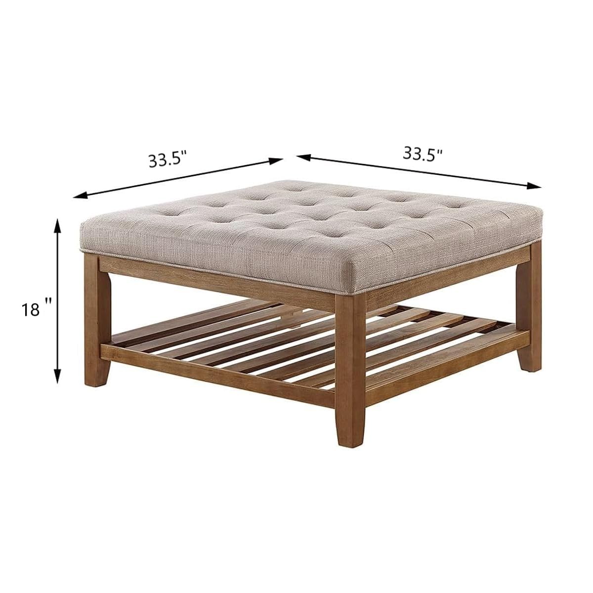 24KF Large Square Upholstered Tufted Linen Ottoman Coffee Table, Large Footrest Ottoman with Solid Wood Shelf-Linen