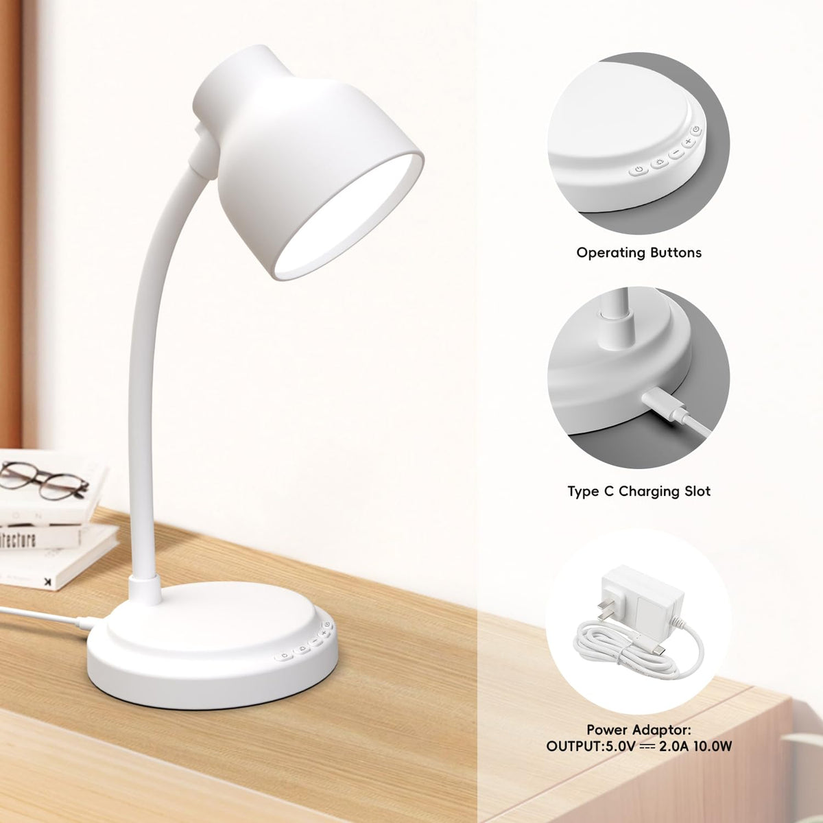 LED Desk Lamp With 96 LEDs,High lumens Table lamp,Desk Lamp for Office Home,4 Brightness Dimmable Flexible Table Lamp,Reading Light with a Timer Function for Bedside, Office, and Study Desk Use(White)