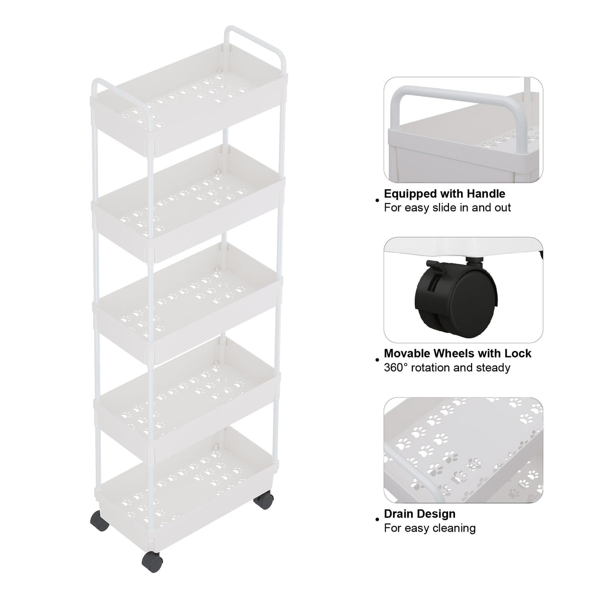 Buzowruil Rolling Storage Cart 5 Tier Organizer Mobile Shelving Unit Storage Rolling Utility Cart with Wheels for Kitchen Bathroom Laundry,White