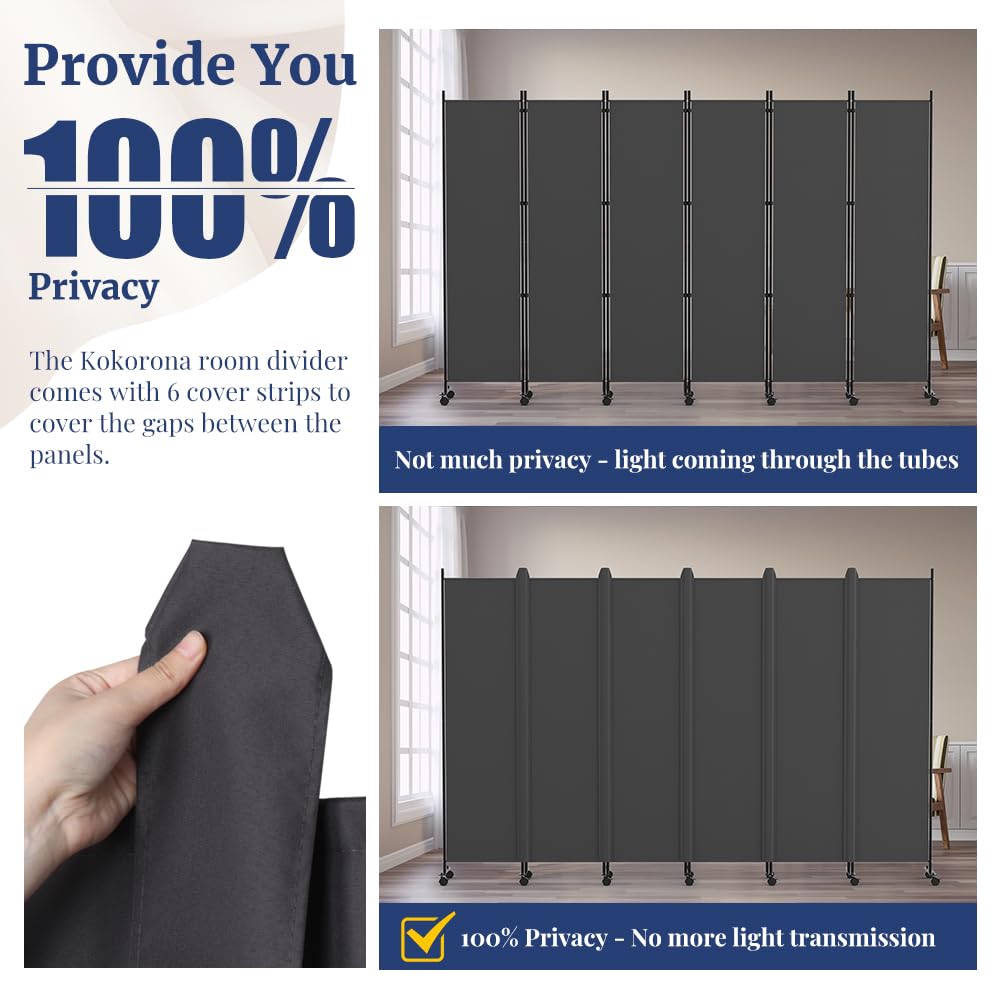 Kokorona 6 Panel Room Divider, 6FT Tall Rolling Privacy Screen with Lockable Wheels, Folding Wall Dividers Portable Room Divider for Room Separation, Included - Cover Strips, Grey, 119''W x 70''H