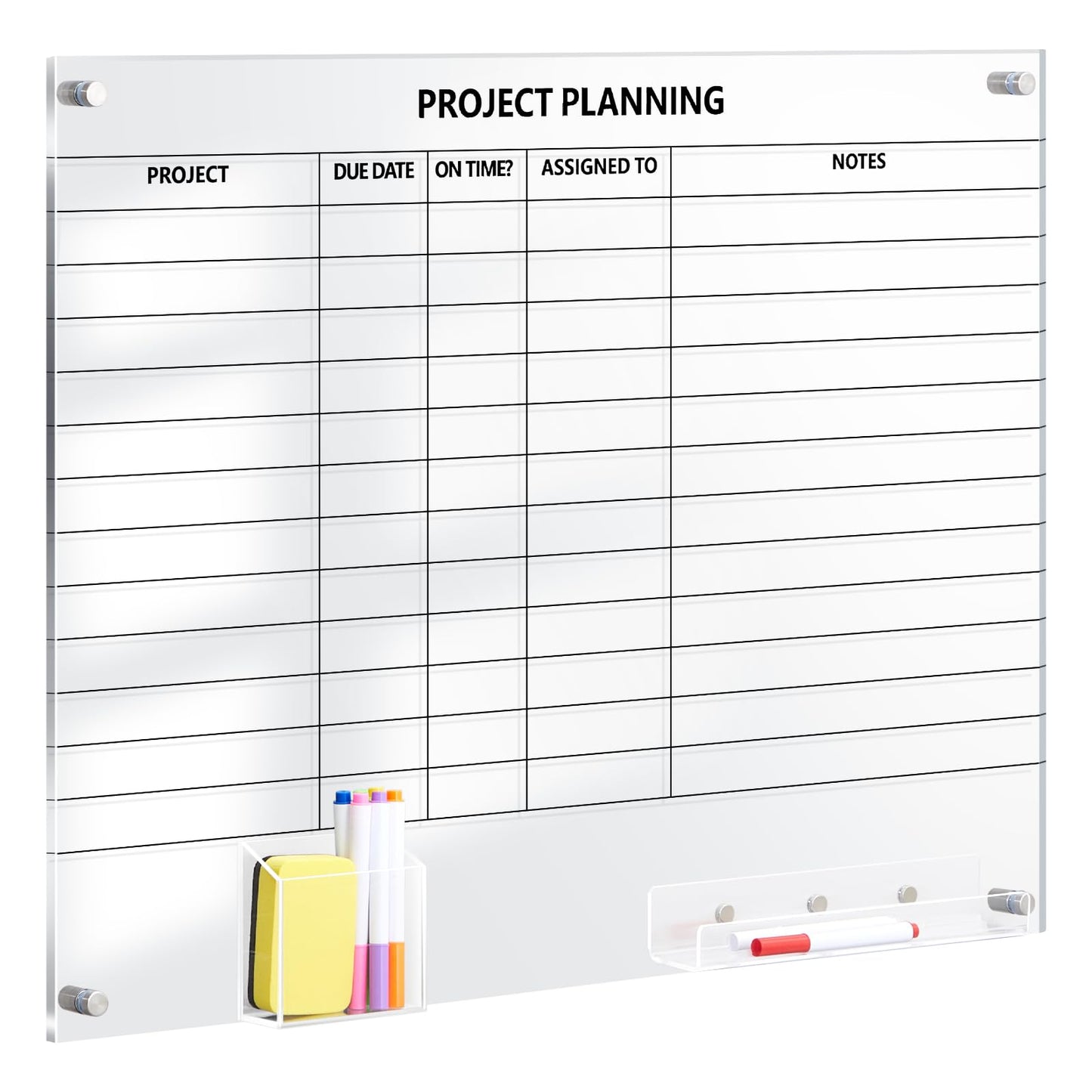 Lincia Acrylic Project Planning Board, 24 x 18 Inch Clear Wall Schedule Dry Erase Board with 8 Markers and Eraser, Whiteboard Planner with Lines for Home Office Project and Family Organization