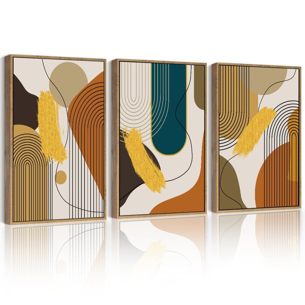 PHOPAGO Boho Abstract Framed Wall Art Large 16x24in Mid-Century Modern Bohemain Minimalist Luxury Gold Line Artwork Home Office Living Room Decor - Natural Framed