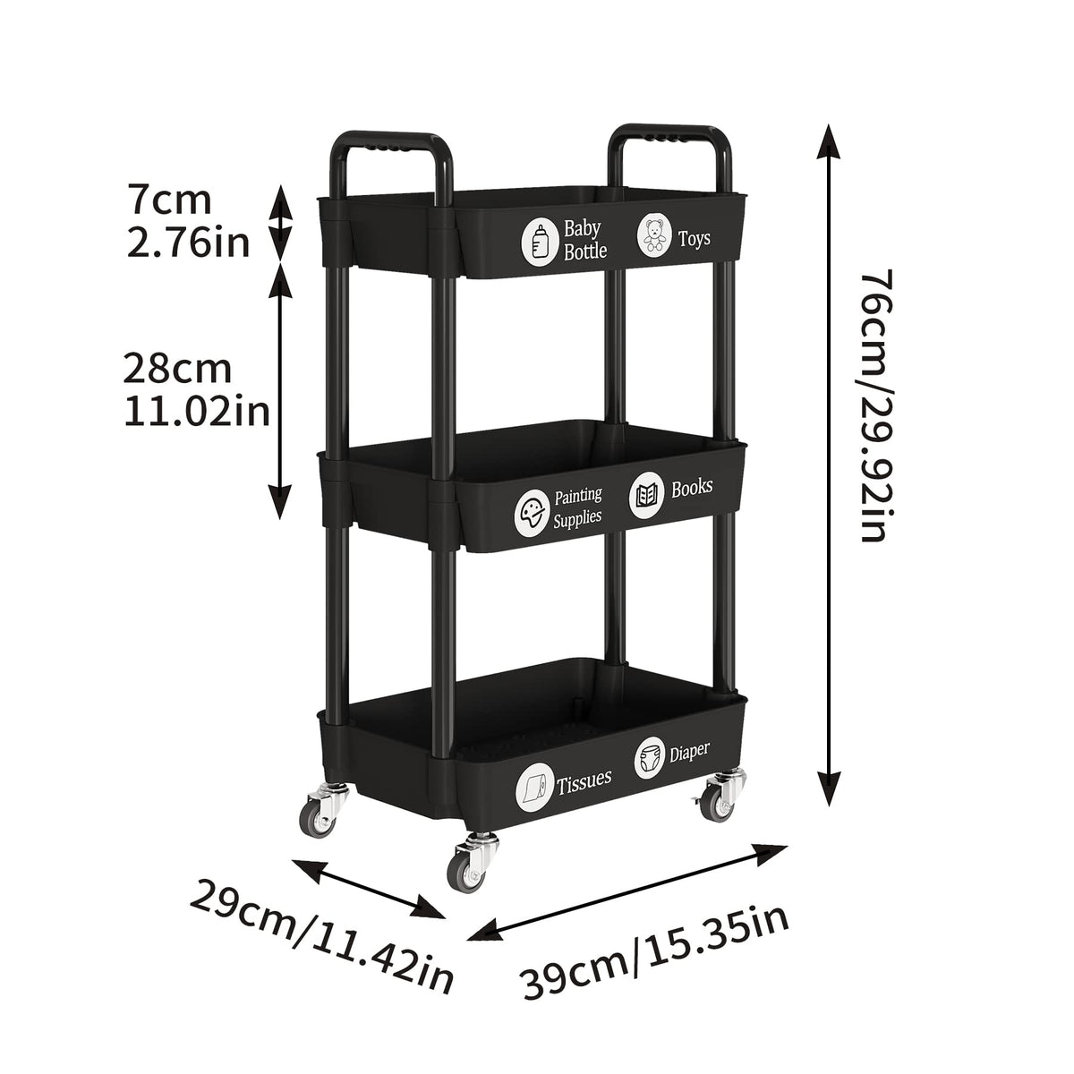 Laiensia 3-Tier Storage Carts,Multifunction Utility Rolling Cart Kitchen Storage Organizer,Mobile Shelving Unit Cart with Lockable Wheels for Bathroom,Laundry,Living Room,With Classified Sticker,Black