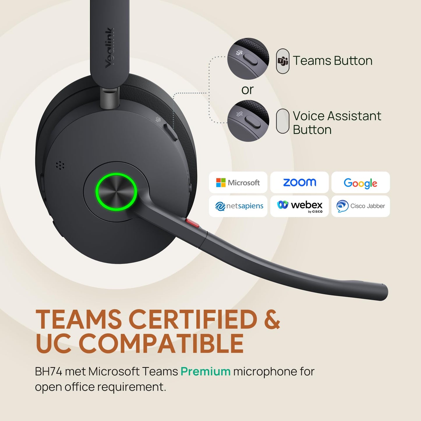 Yealink BH74 with Stand ANC Wireless Headset with Microphone for PC, Bluetooth Headset Noise Cancelling with 6 AI Mic, 32H Talk Time & Mute Button, Microsoft Teams Premium Open Office Certified UC