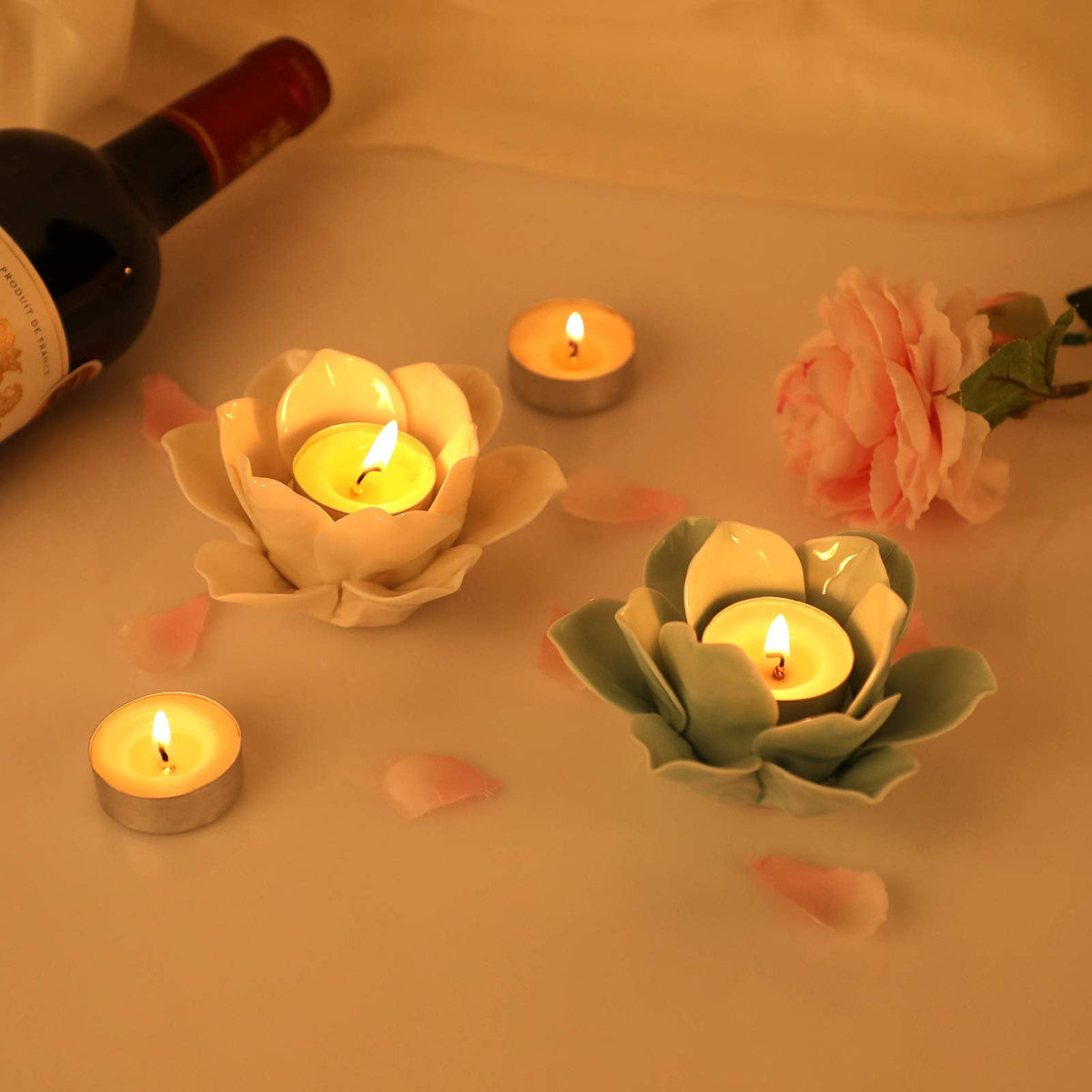 OwnMy 4.5 Inch Ceramic Lotus Flower Tea light Holder Lotus Petals Candle Holder Candlestick, Votive Flower Tealight Candle Holder Candle Lamps Holder with Gift Box for Home Decor Wedding Party (White)