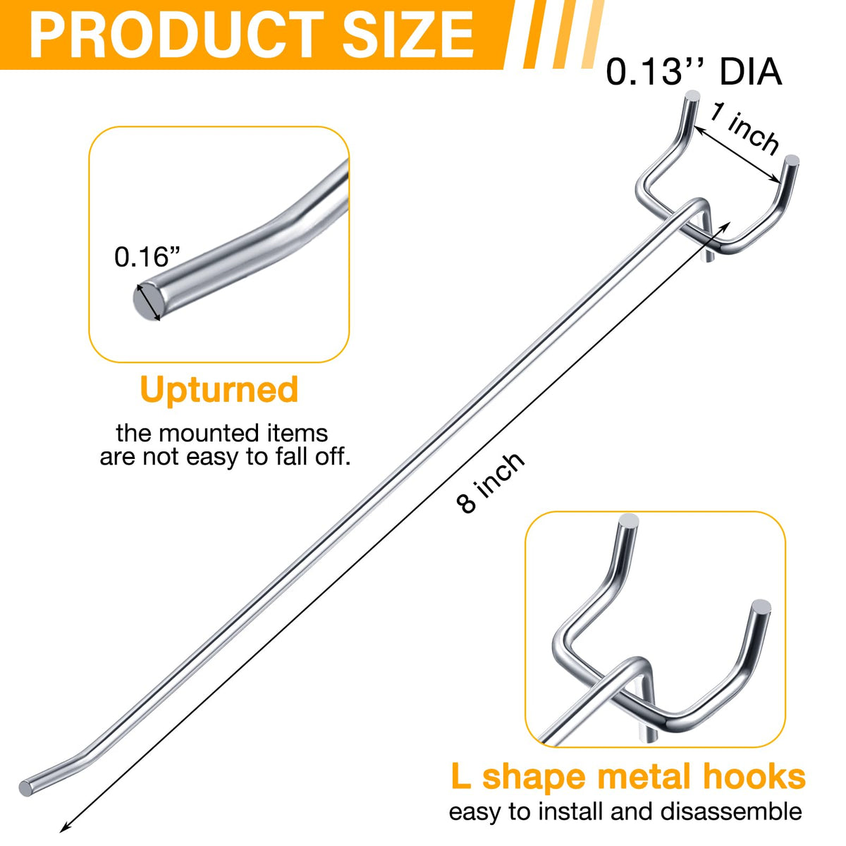 Shimeyao 100 Pcs Peg Board Shelving Hooks Stainless Steel Hanging Board Pegs Wall Display Hooks Bulk for 1/8 1/4 Garage Storage Organizer Accessories(8 Inch,Silver)